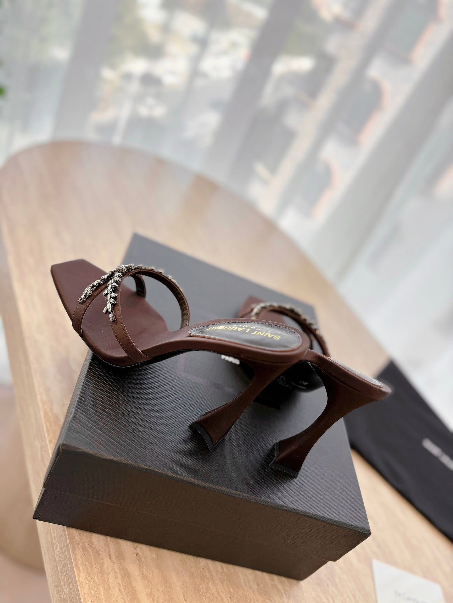 Saint Laurent 2025 Liz 110mm Sandal Brown Satin With Crystal Embellishments