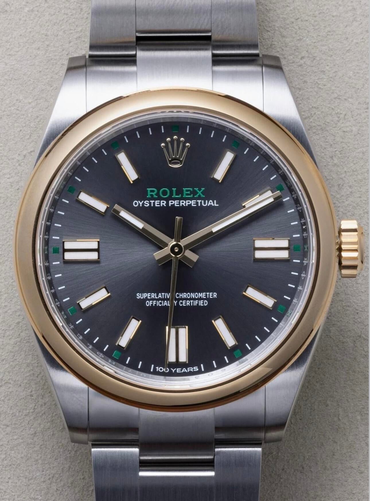 Rolex Oyster Perpetual 41mm Grey Dial Gold Bezel