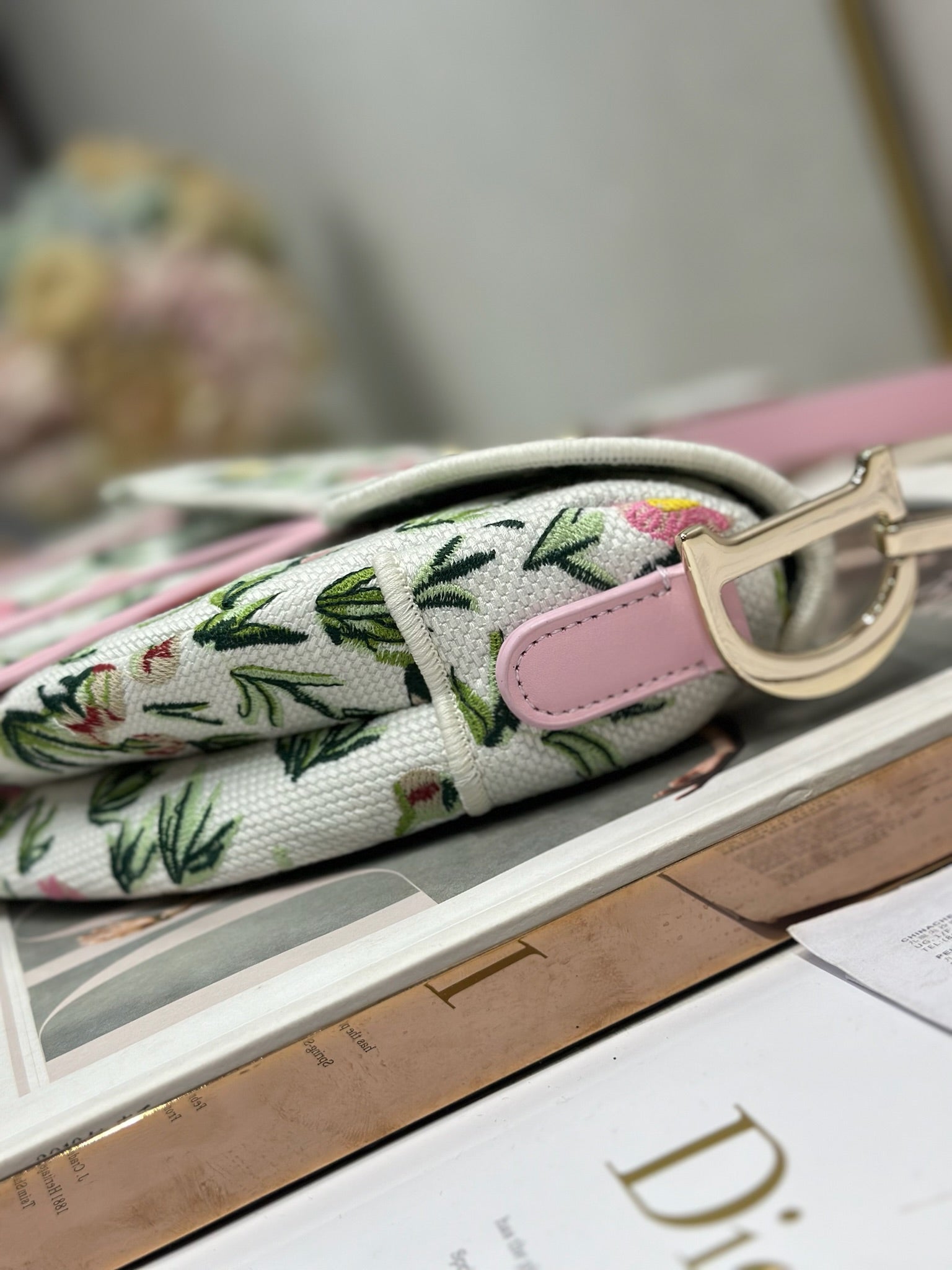 Dior 2026 Pink Flower Saddle Bag 25.5cm White Mix Colors Canvas Leather 154974