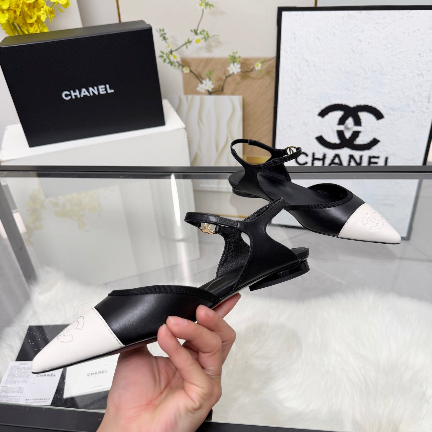 Chanel 2026 Slingback Black And White Iridescent Lambskin