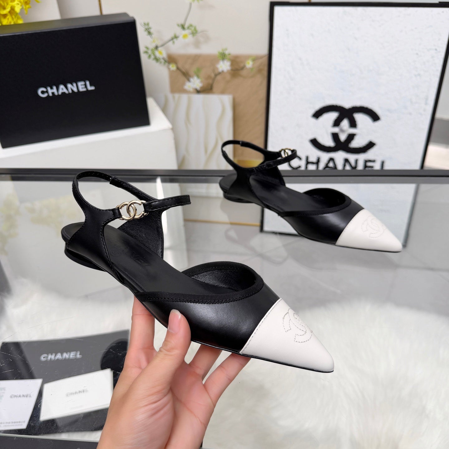 Chanel 2026 Slingback Black And White Iridescent Lambskin