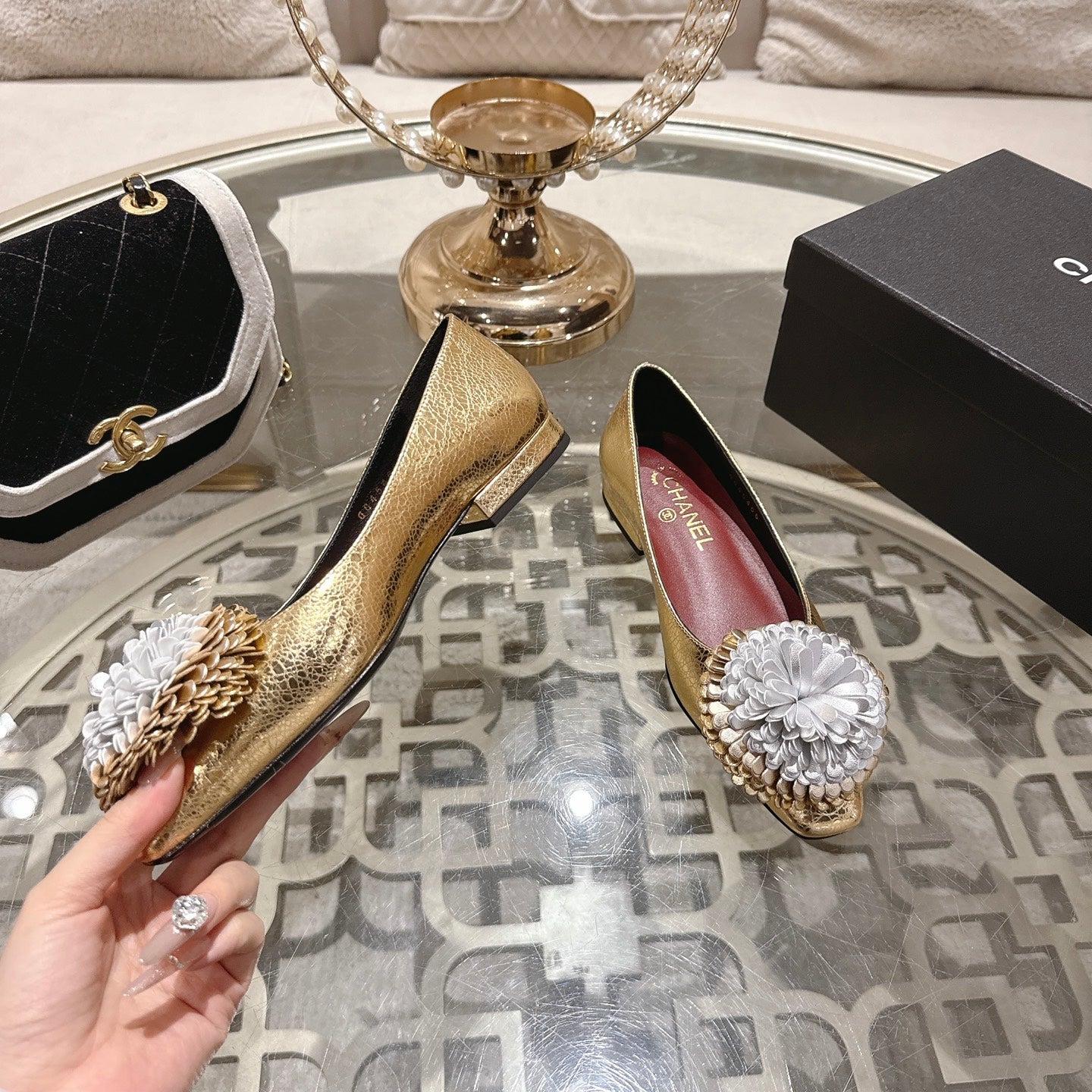 CC 26s Floral Ballet Flats Gold Sliver Sheepskin 627024