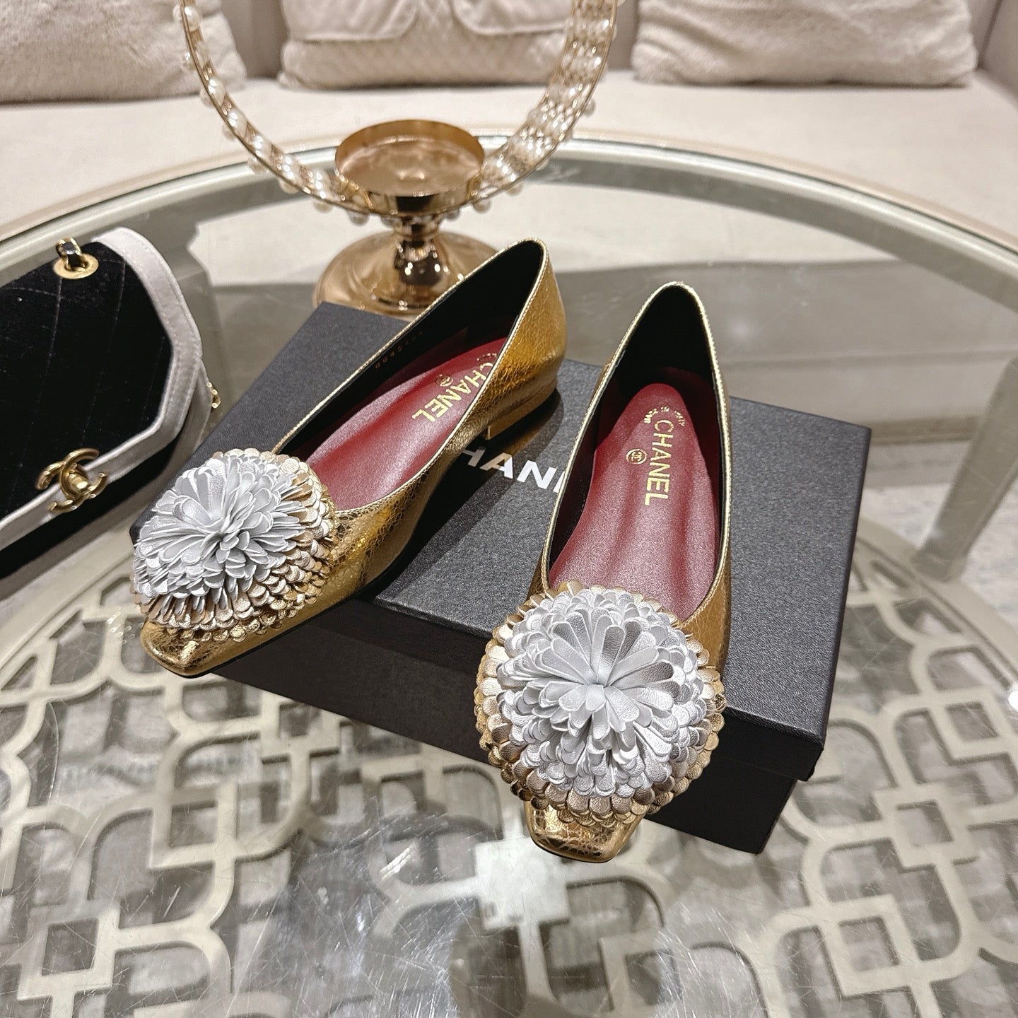CC 26s Floral Ballet Flats Gold Sliver Sheepskin 627024