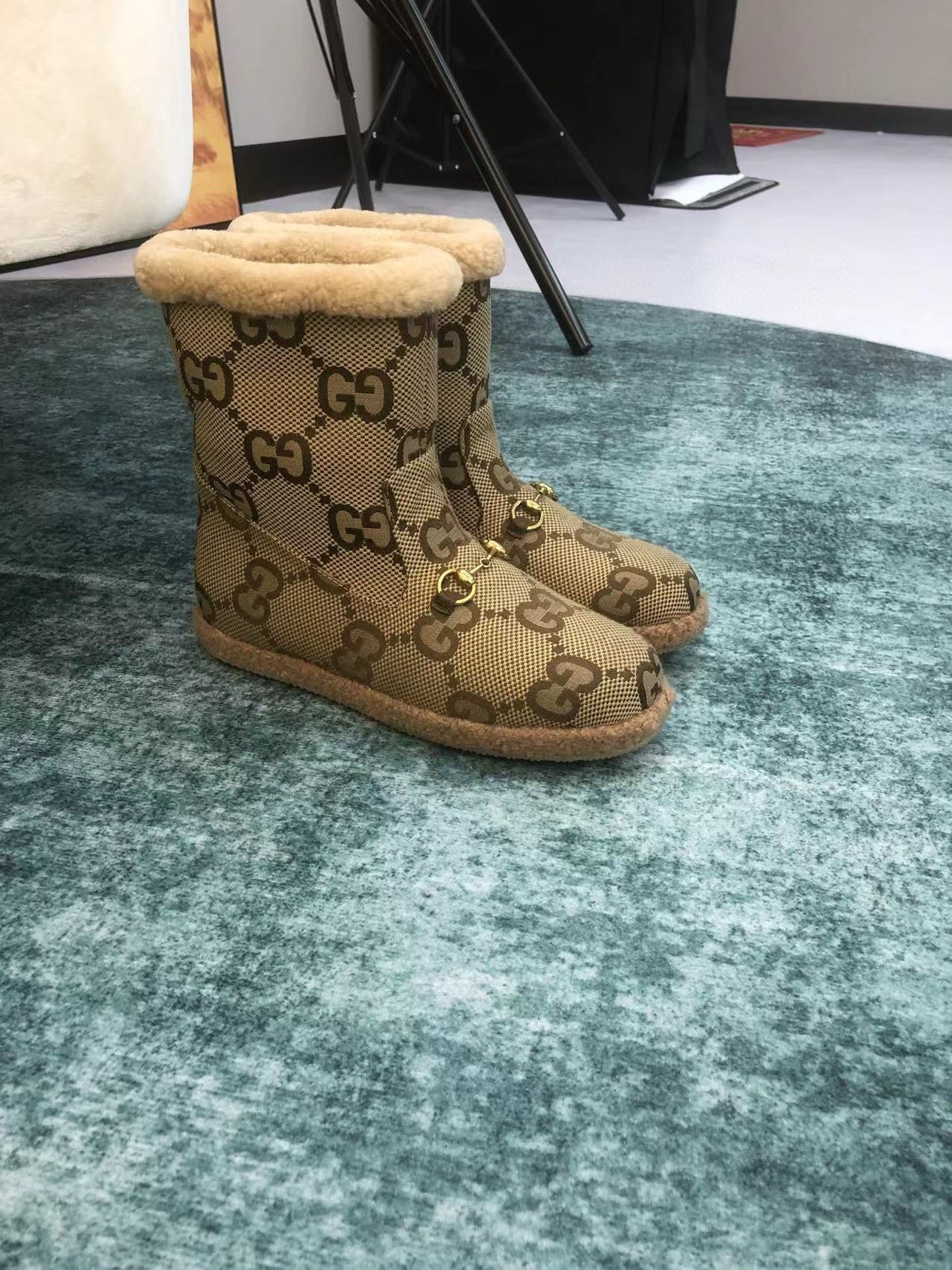 GG Horsebit Snow Boots Dark Beige Woolen Fabric Fleece 576252