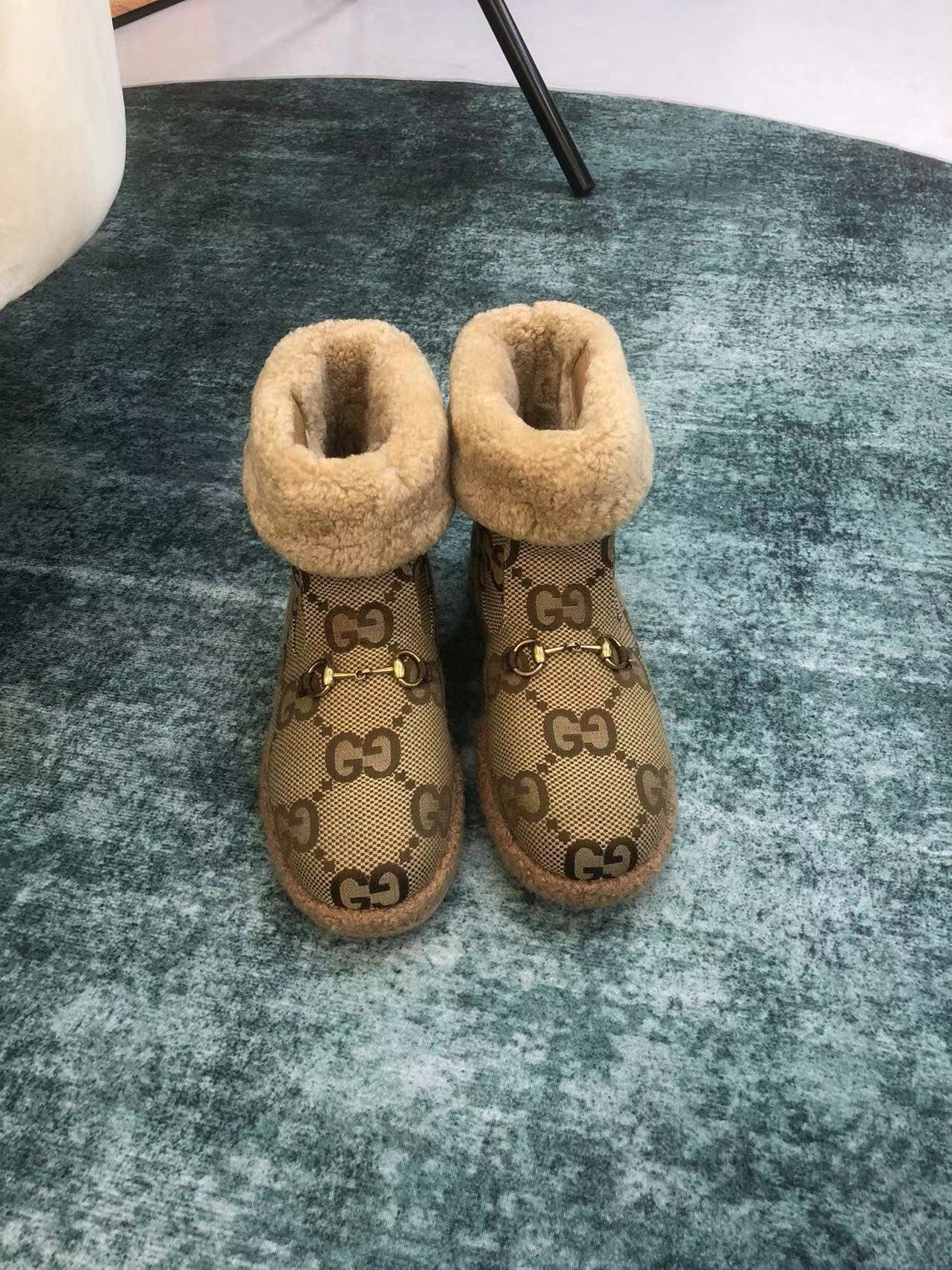 GG Horsebit Snow Boots Dark Beige Woolen Fabric Fleece 576252