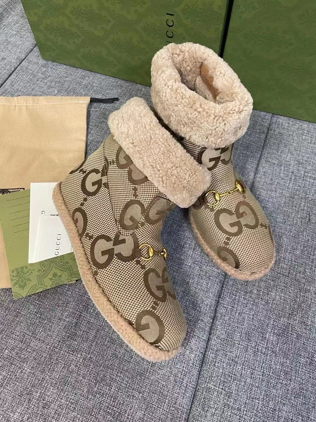 GG Horsebit Snow Boots Beige Woolen Fabric Fleece 576253
