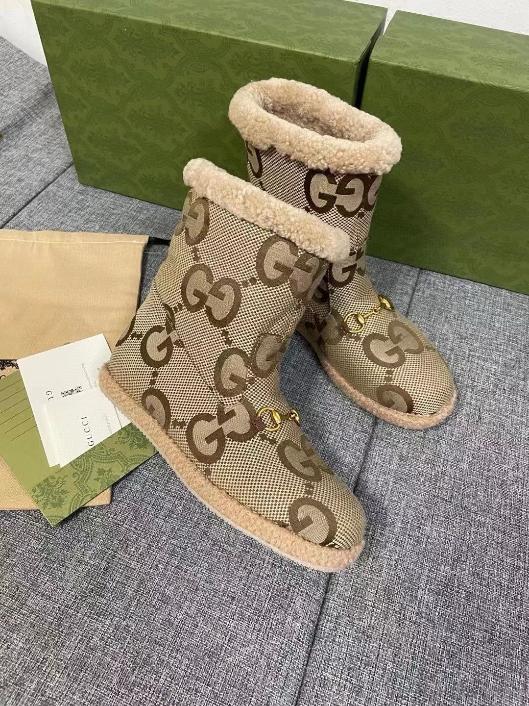 GG Horsebit Snow Boots Beige Woolen Fabric Fleece 576253