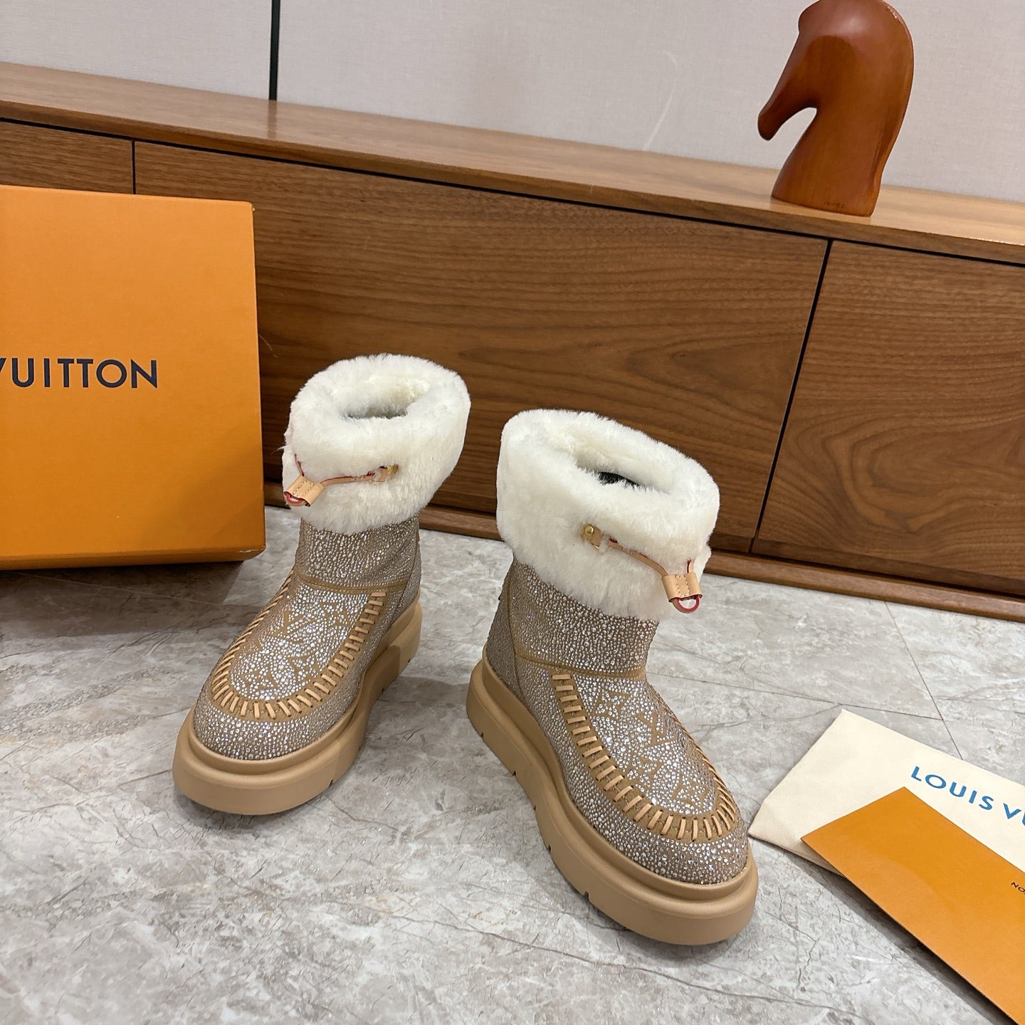 LV 2026 Cortina Ankle Boot Silver Beige White Silver Sequin Wool 594926