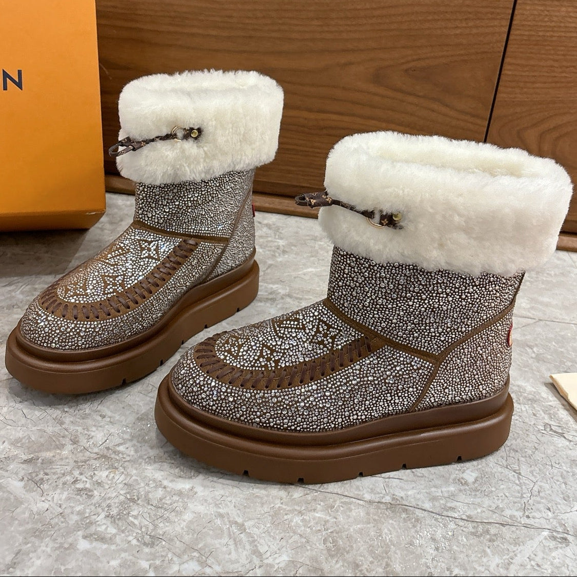 LV 2026 Cortina Ankle Boot Silver Brown White Silver Sequin Wool 594927