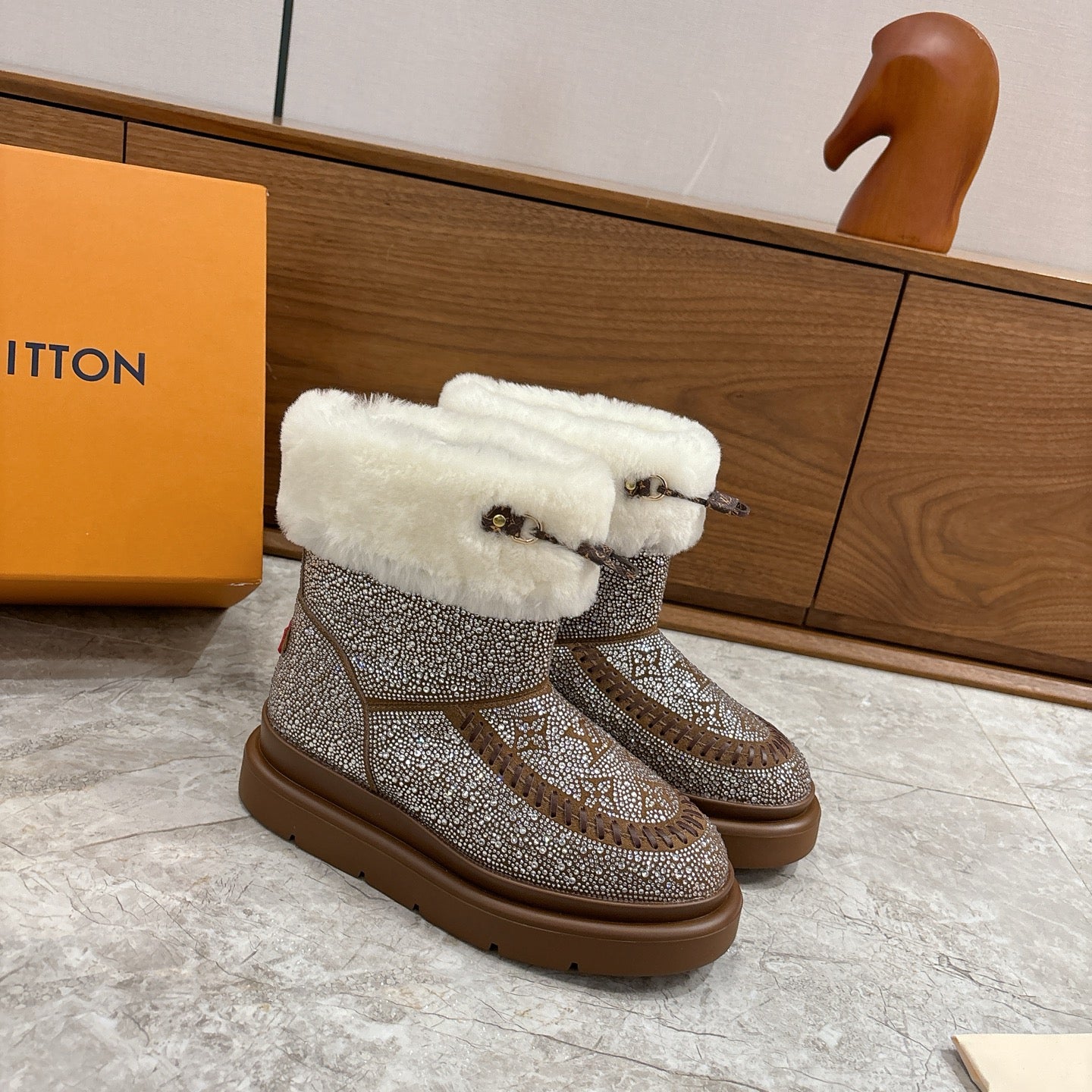 LV 2026 Cortina Ankle Boot Silver Brown White Silver Sequin Wool 594927