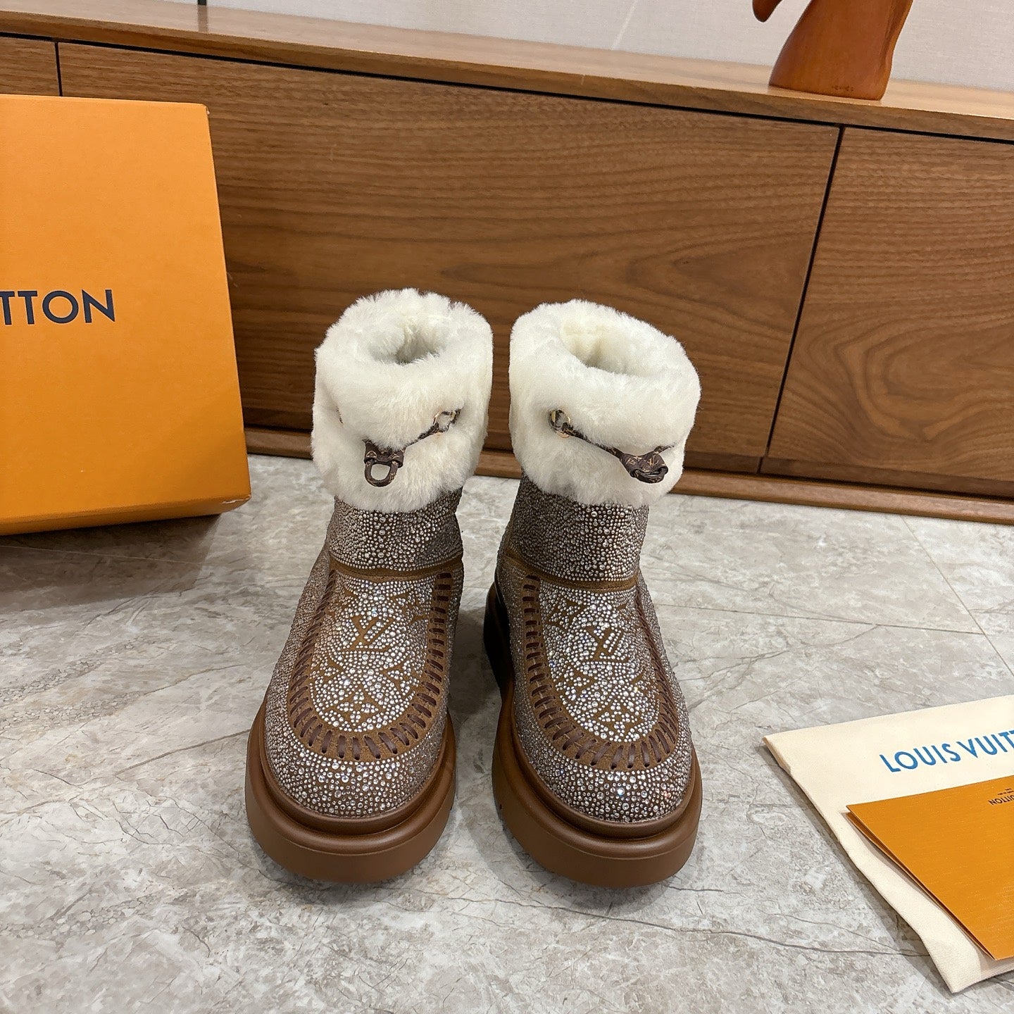 LV 2026 Cortina Ankle Boot Silver Brown White Silver Sequin Wool 594927