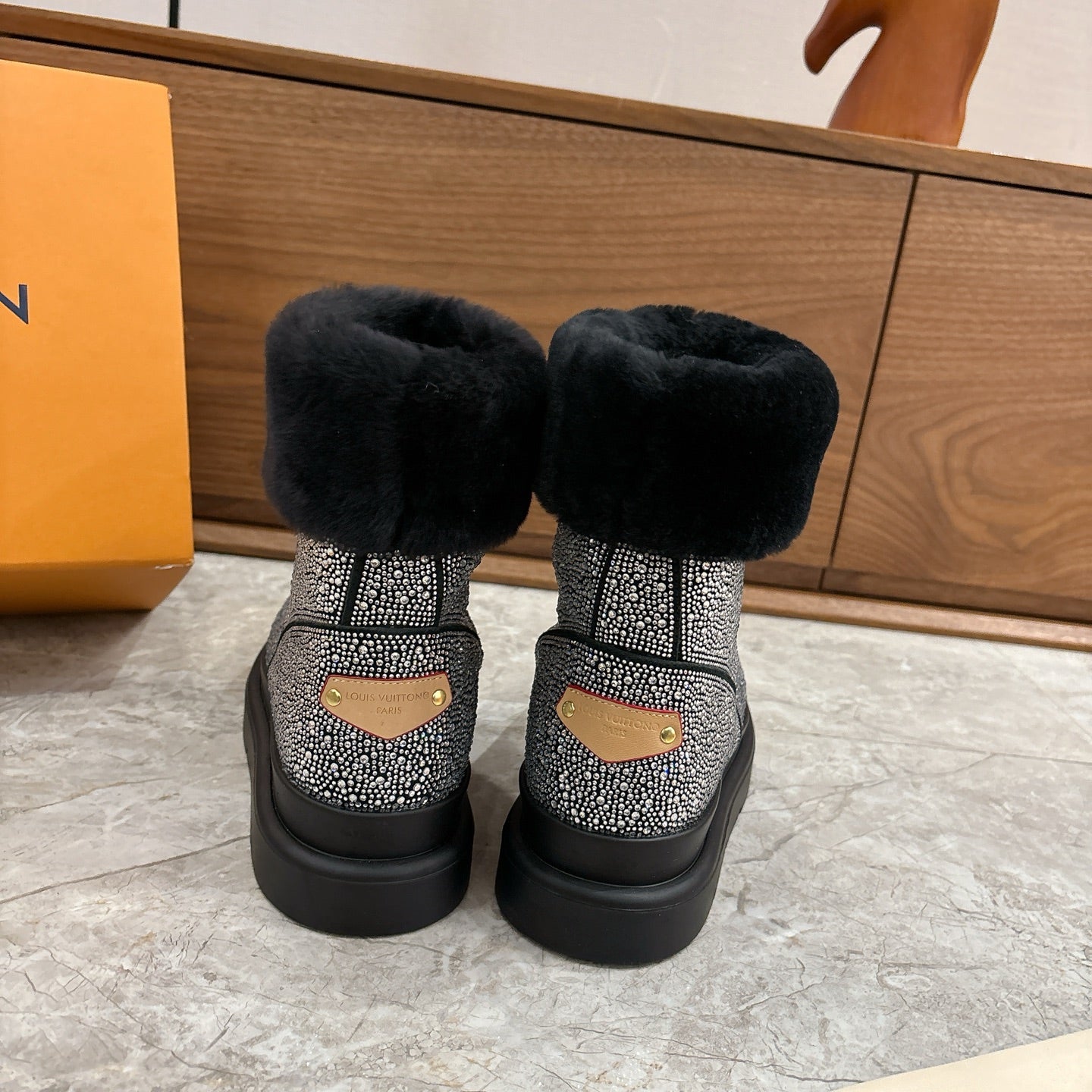 LV 2026 Cortina Ankle Boot Black Silver Sequin Wool 594928