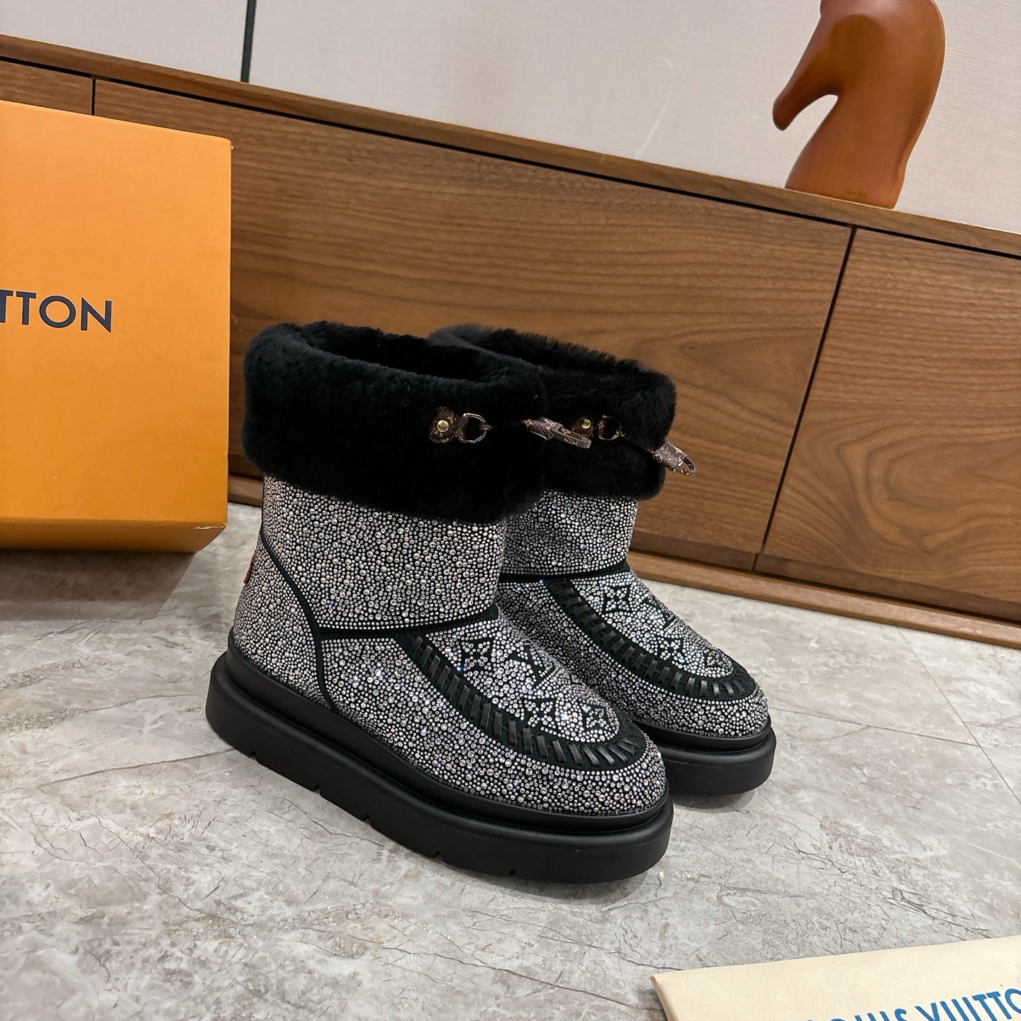 LV 2026 Cortina Ankle Boot Black Silver Sequin Wool 594928