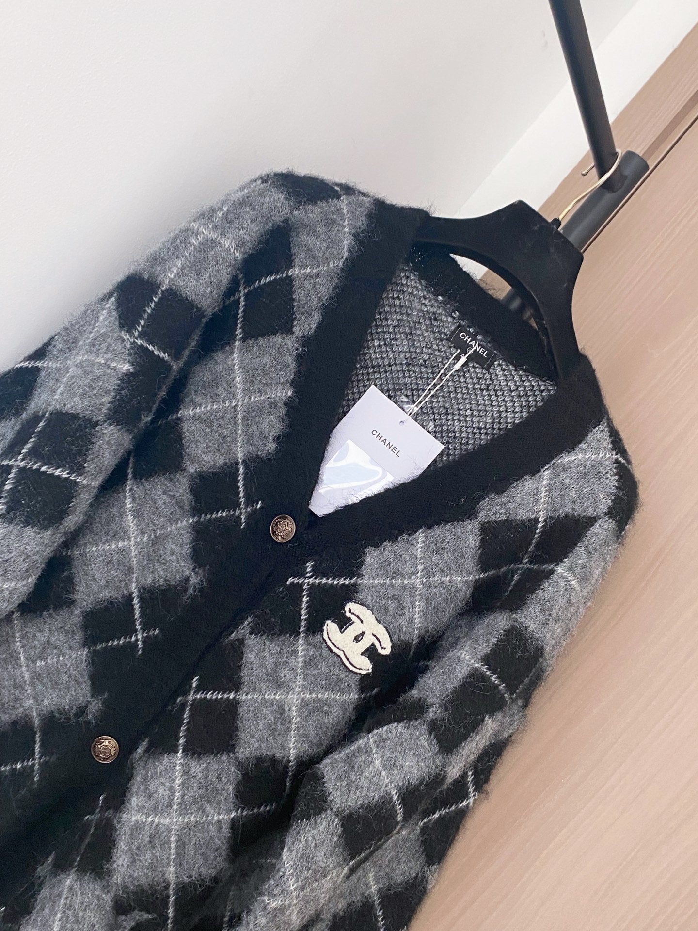 Chanel 2025 Plaid Cardigan Black mix Gray Wool Cashmere