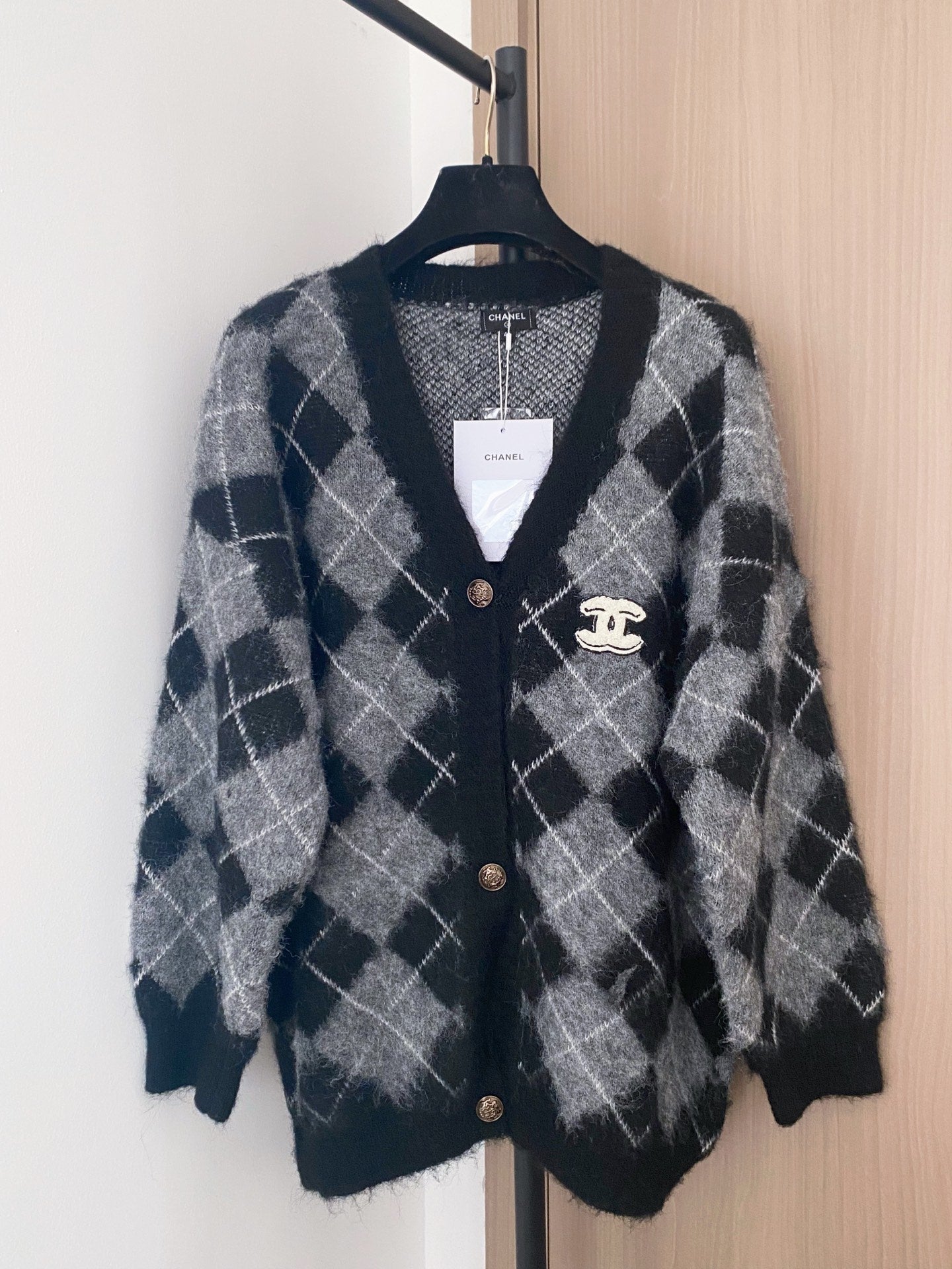 Chanel 2025 Plaid Cardigan Black mix Gray Wool Cashmere