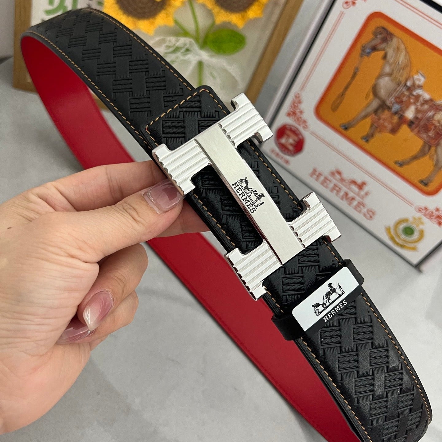 HM Belt 38mm Black Red Cowhide Leather Sliver Buckle 618970