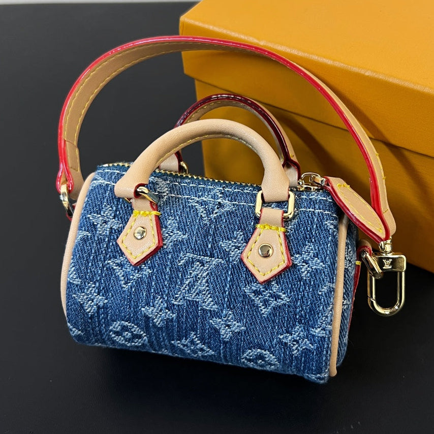 LV Micro Speed Bag Charm Blue Beige Canvas Leather