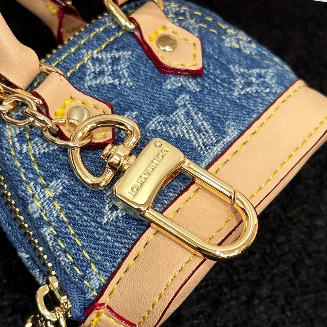 LV Alma Bag Charm Denim Blue mix Beige Cowhide Canvas