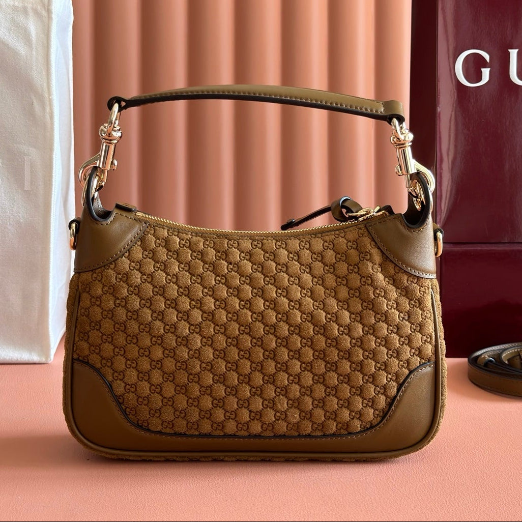Gucci 2026 B Shoulder Bag 25cm Brown Gold Suede Leather