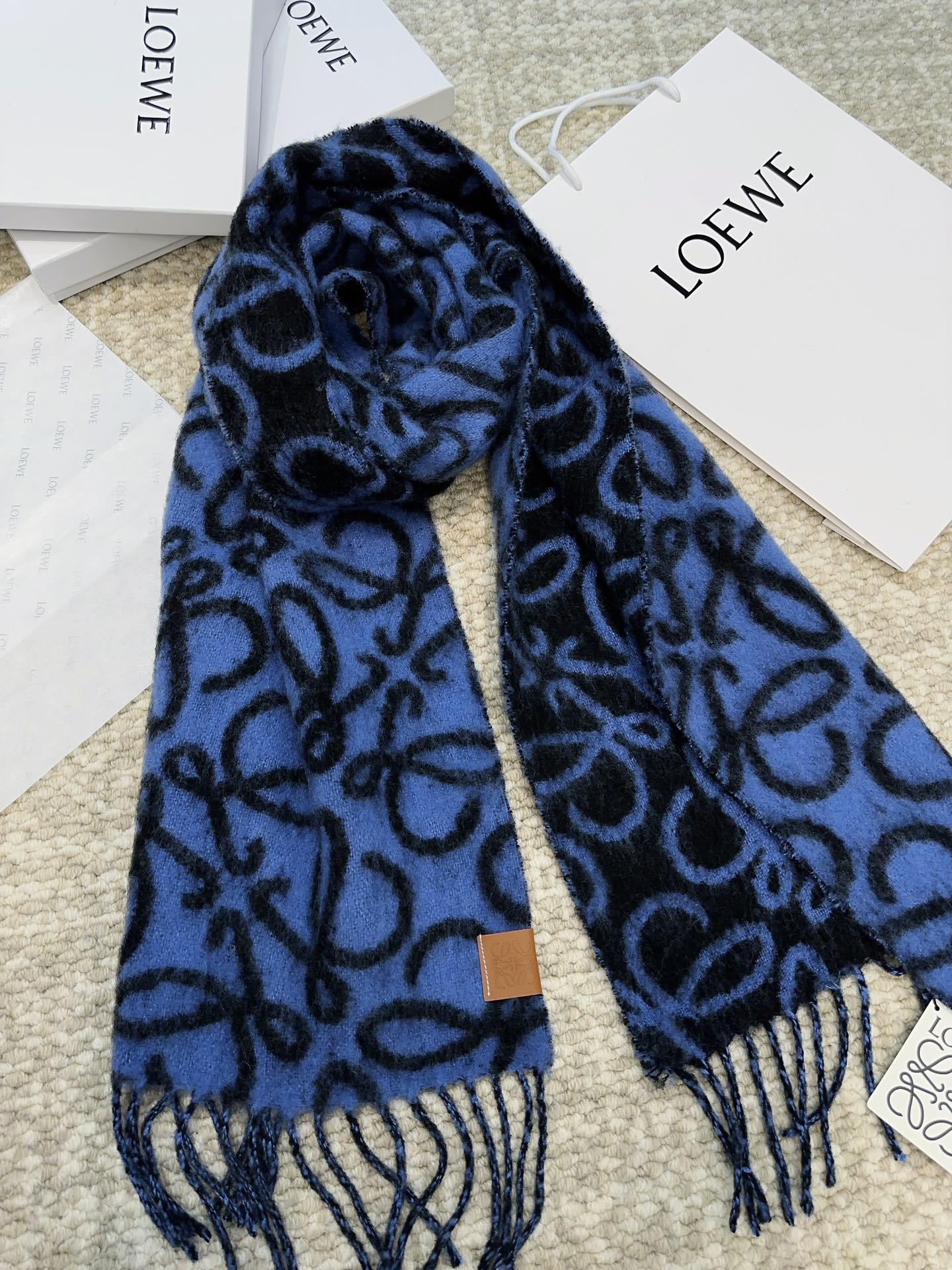 Loewe Scarf 180CM  Dark Blue Black Wool Cashmere 968583