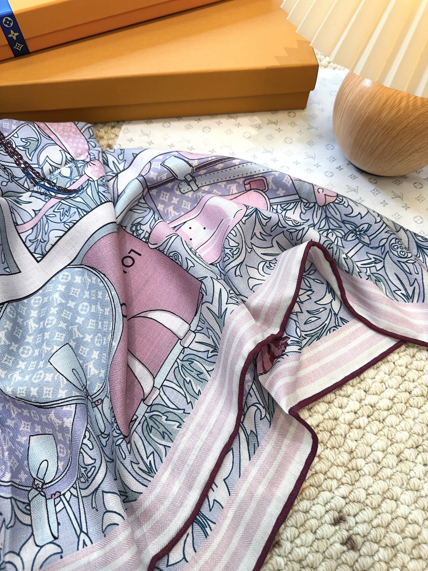 LV Monogram Scarf 135cm Purple Blue Silk Cashmere 967278