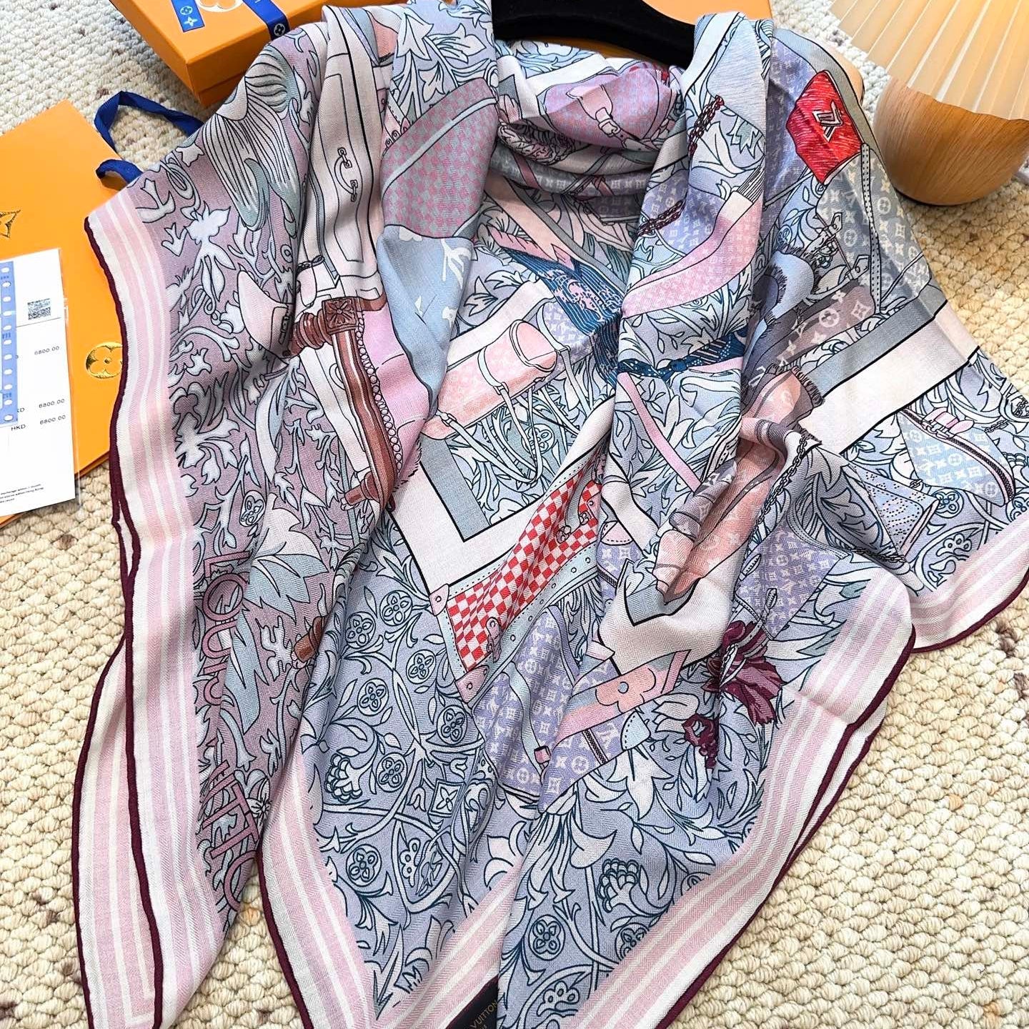 LV Monogram Scarf 135cm Purple Blue Silk Cashmere 967278