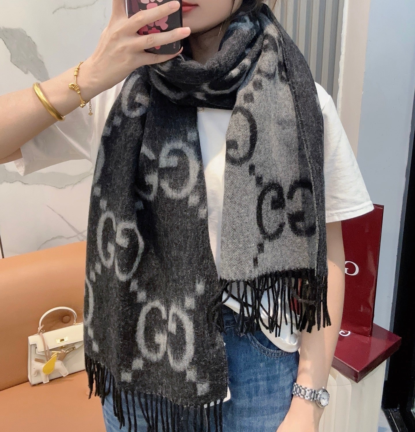 GG Double G Jacquard Scarf 200CM  Black Wool 282790