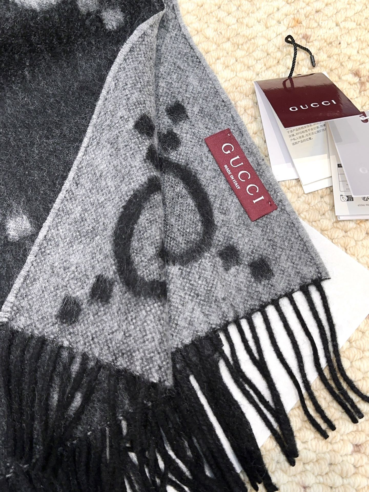 GG Double G Jacquard Scarf 200CM  Black Wool 282790