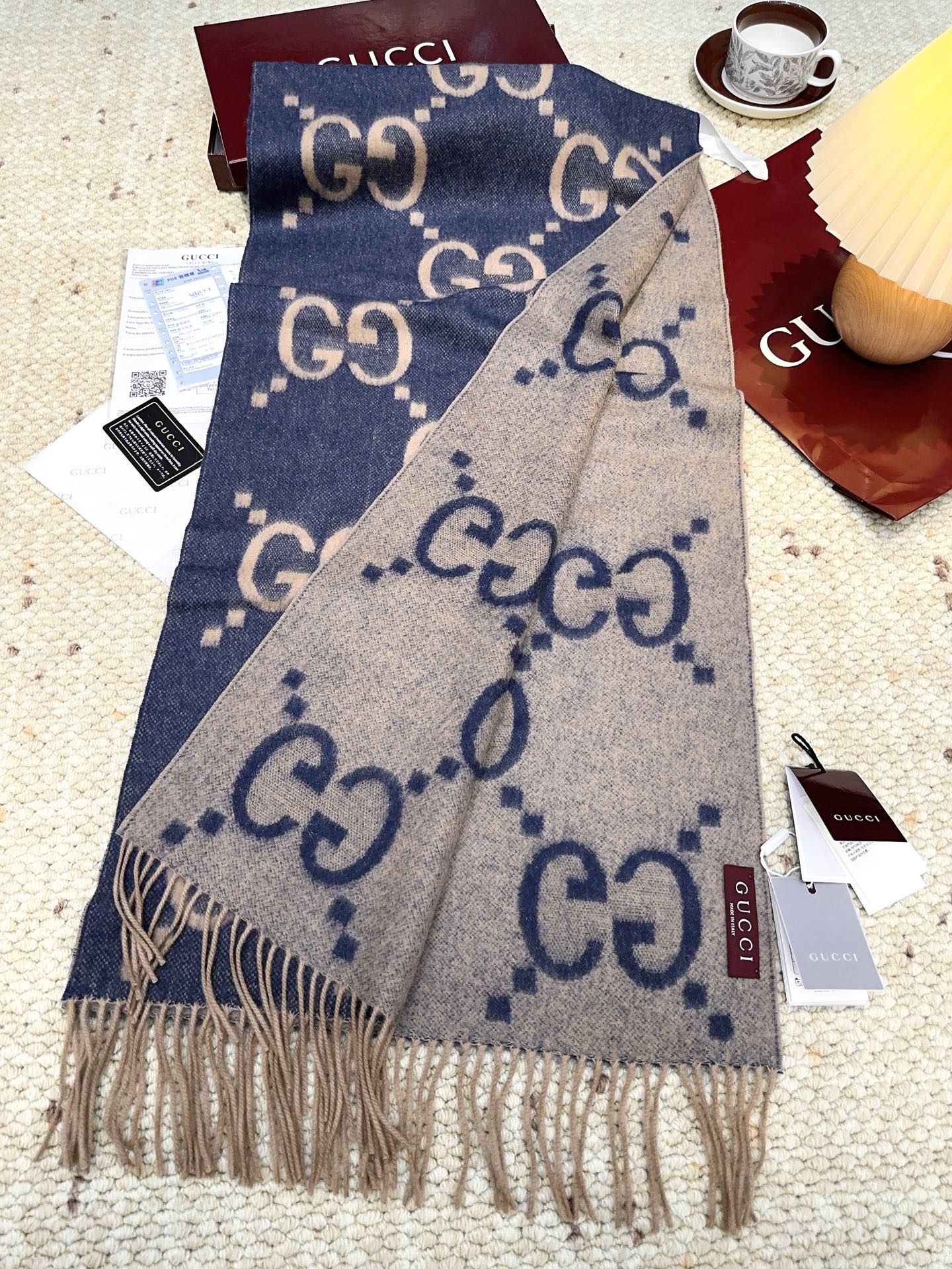 GG Double G Jacquard Scarf 200CM  Blue Beige Wool 282792