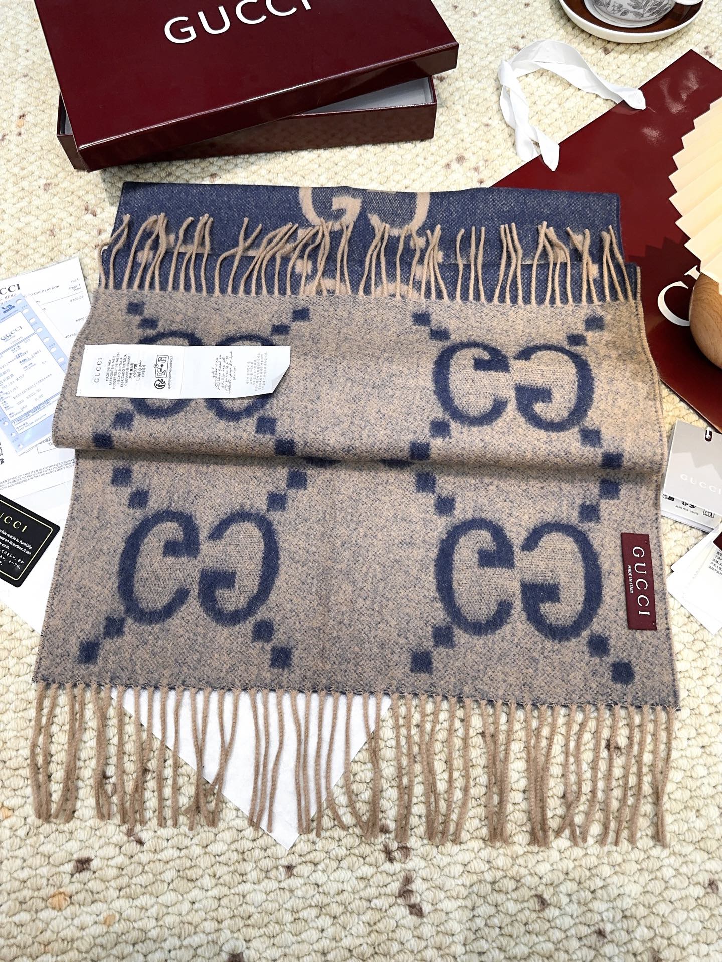 GG Double G Jacquard Scarf 200CM  Blue Beige Wool 282792