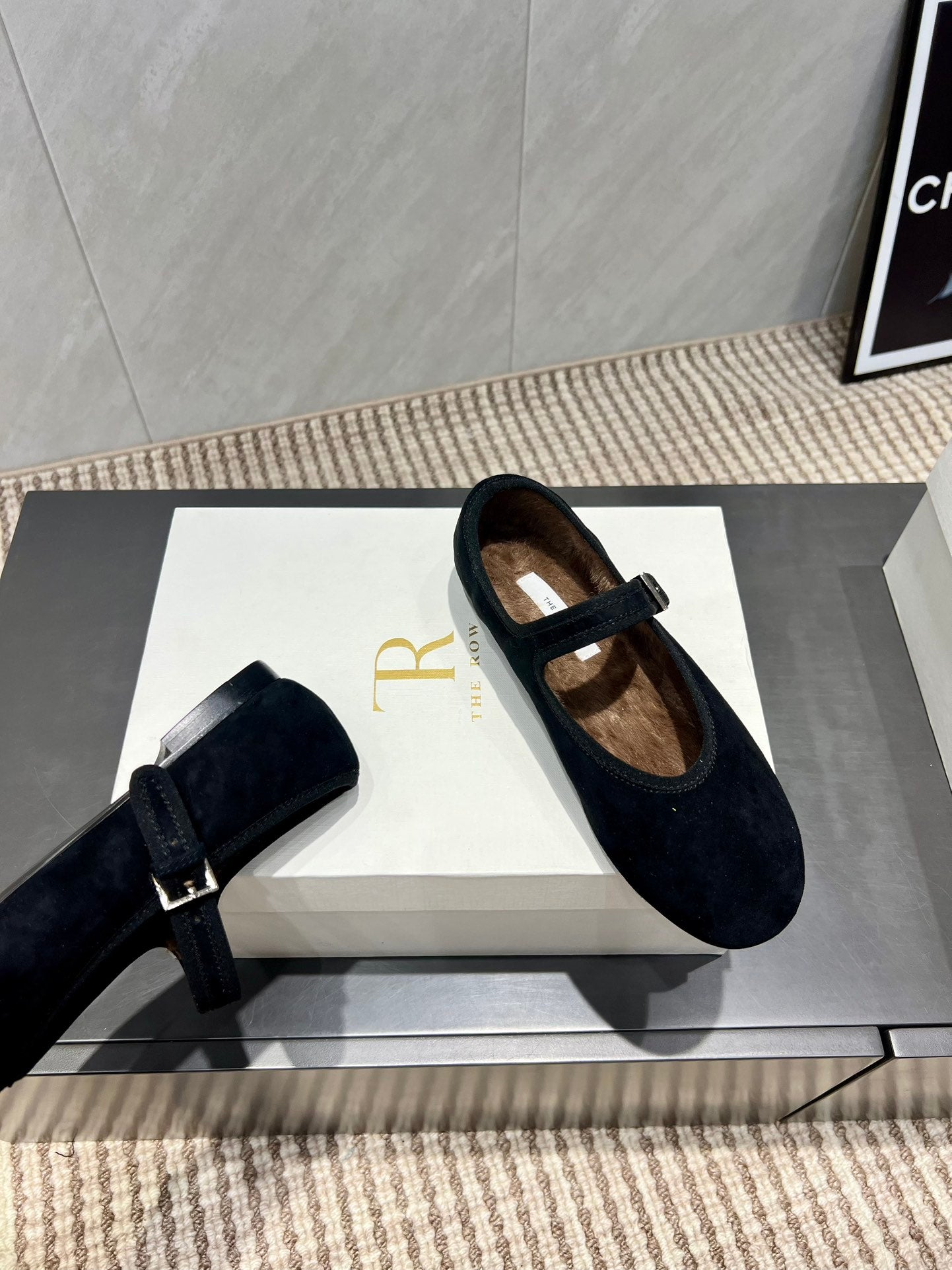 The Row 2025 Round Toe Ballet Flat Black Suede Fleece 540488