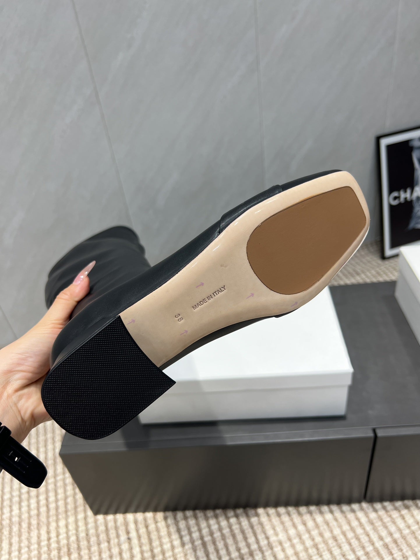 The Row 2025 Square Toe And Bow Accent Long Boot Black Sheepskin 540513