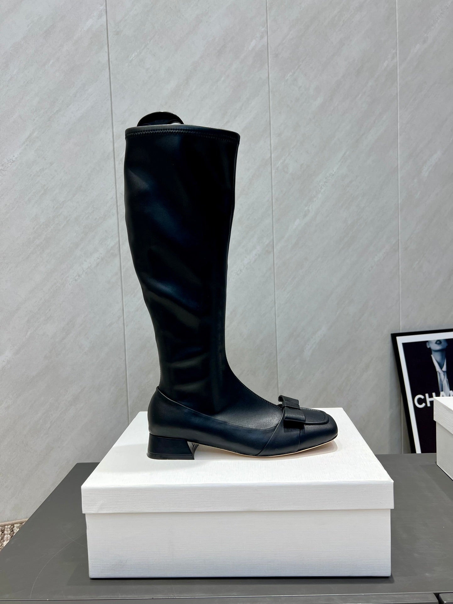 The Row 2025 Square Toe And Bow Accent Long Boot Black Sheepskin 540513