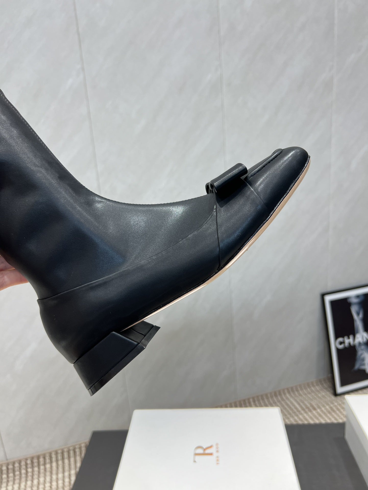 The Row 2025 Square Toe And Bow Accent Long Boot Black Sheepskin 540513