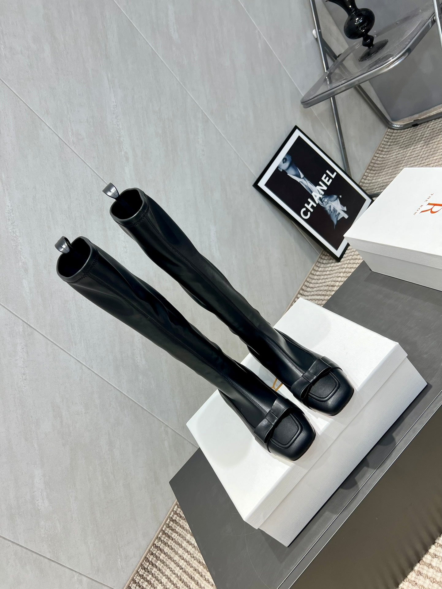 The Row 2025 Square Toe And Bow Accent Long Boot Black Sheepskin 540513