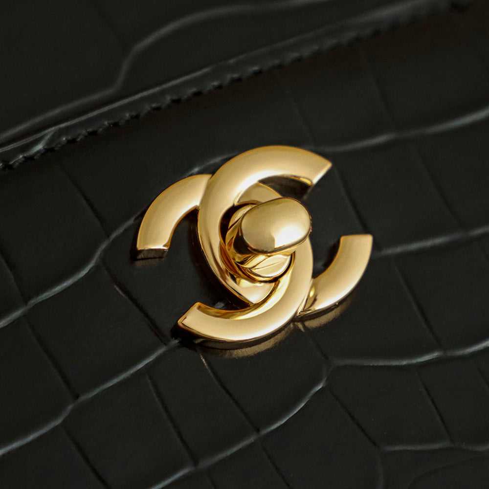 Chanel 25 Crocodile-embossed 40cm Bag Black Cowhide 322959