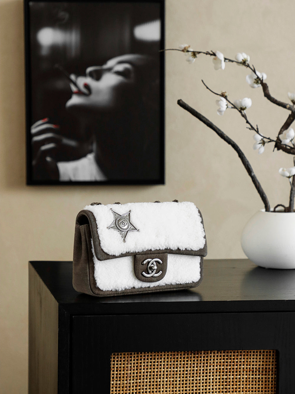 Chanel 2025 Dallas Shearling Star Bag 21cm White Dark Wool Denim 318221