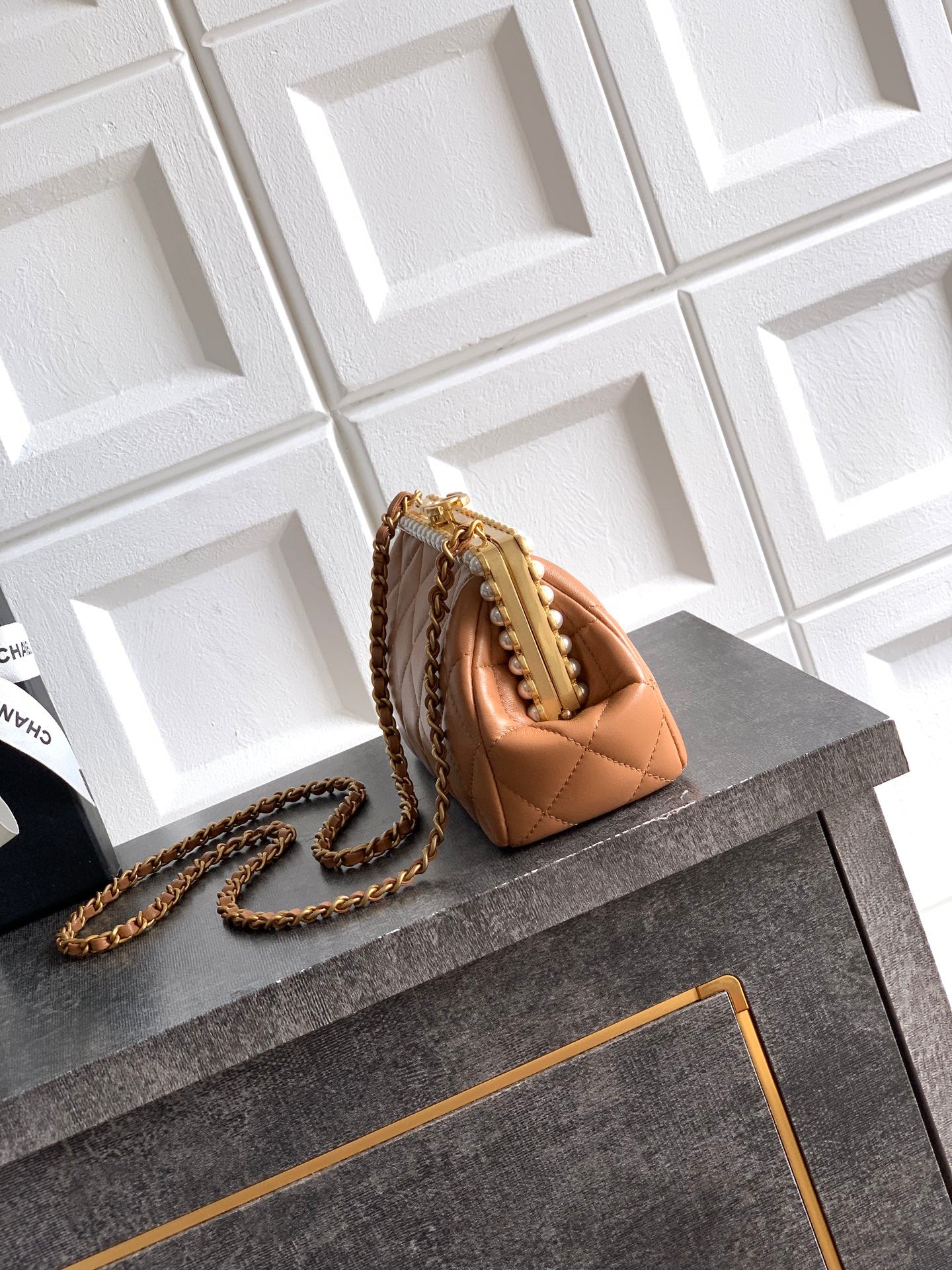 Chanel 2026 Pearl Clutch Brown Gold Lambskin 321879