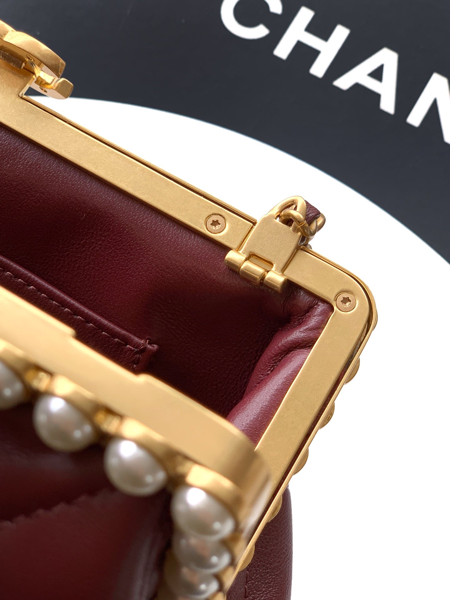 Chanel 2026 Pearl Clutch Burgundy Gold Lambskin 321878