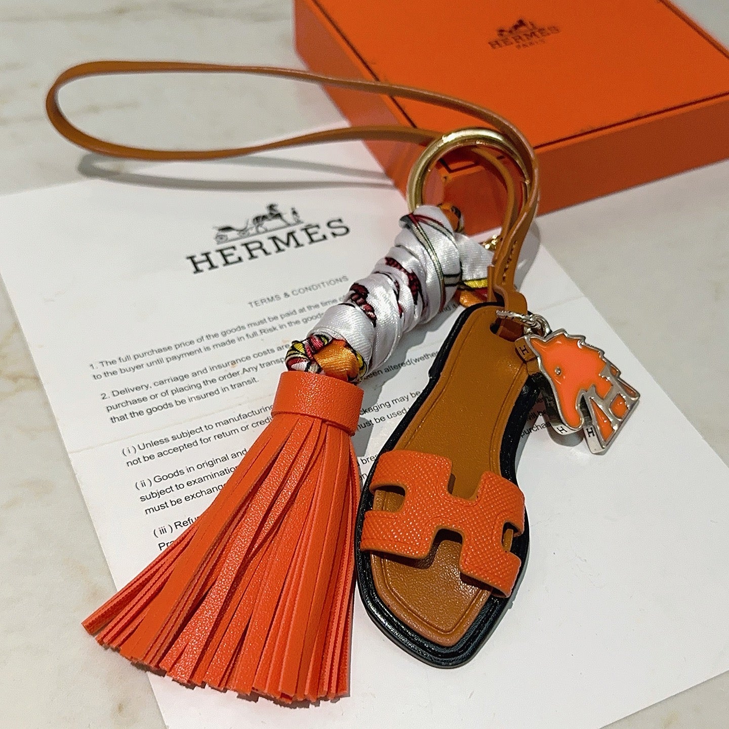 HM Brown Sandal With Twilly Scarf Charm With Orange Horse Head