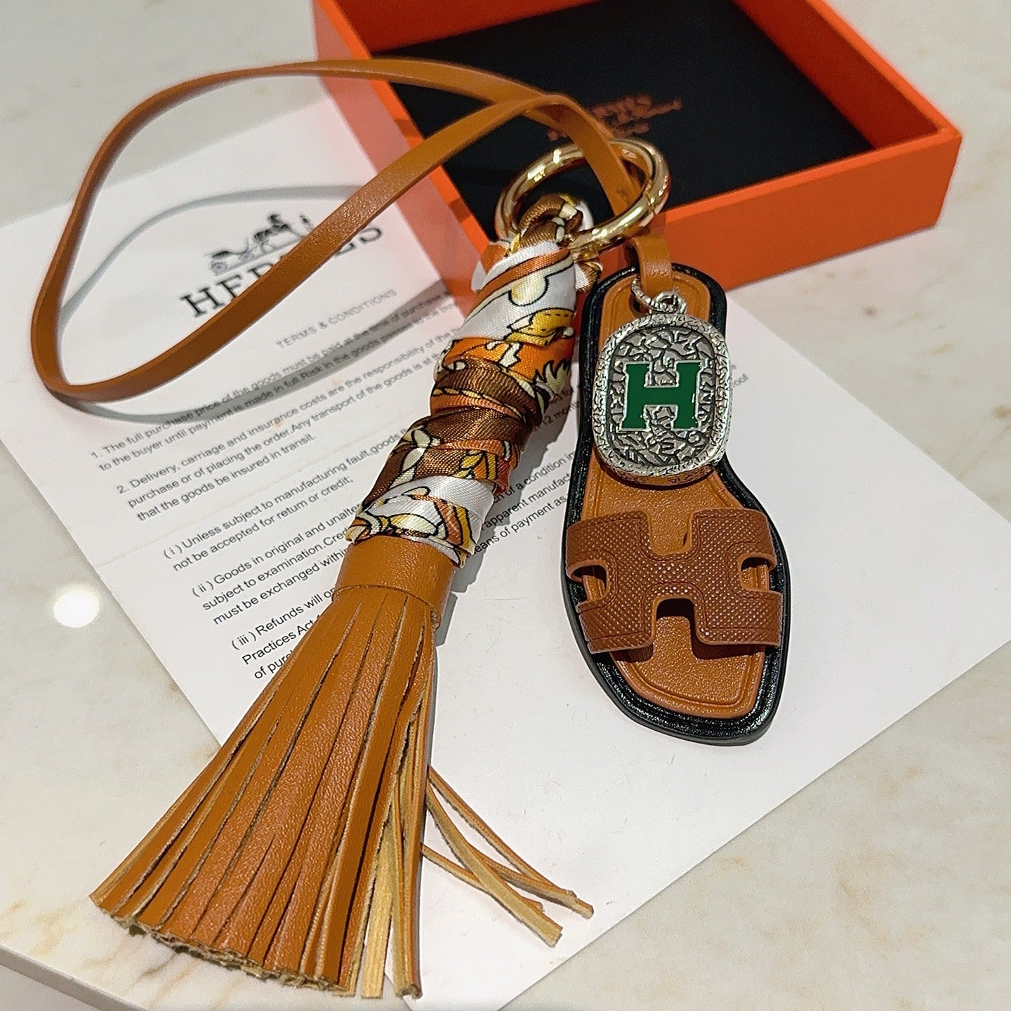 HM Brown Sandal With Twilly Scarf Charm With Silver Logo