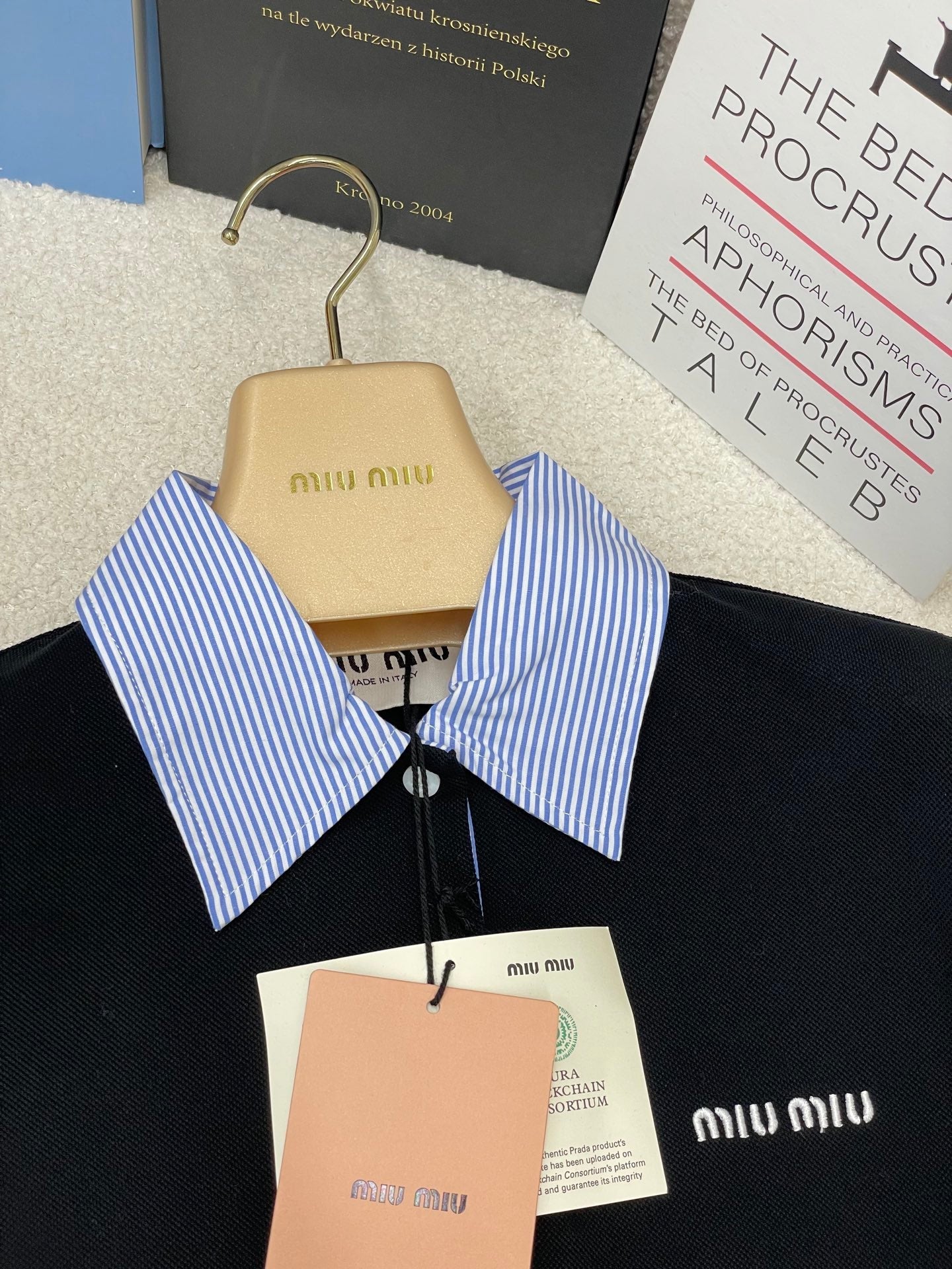 Miumiu 2026 Striped Patchwork Polo Shirt Black Blue Cotton