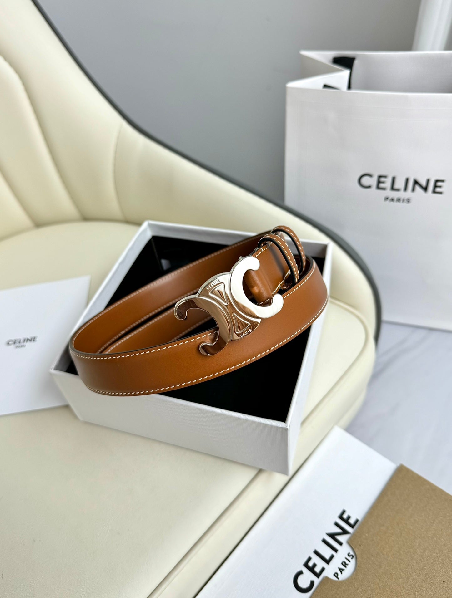 SMALL TRIOMPHE BELT 18 MM BRONZE BROWN LEATHER SILVER HARDWARE