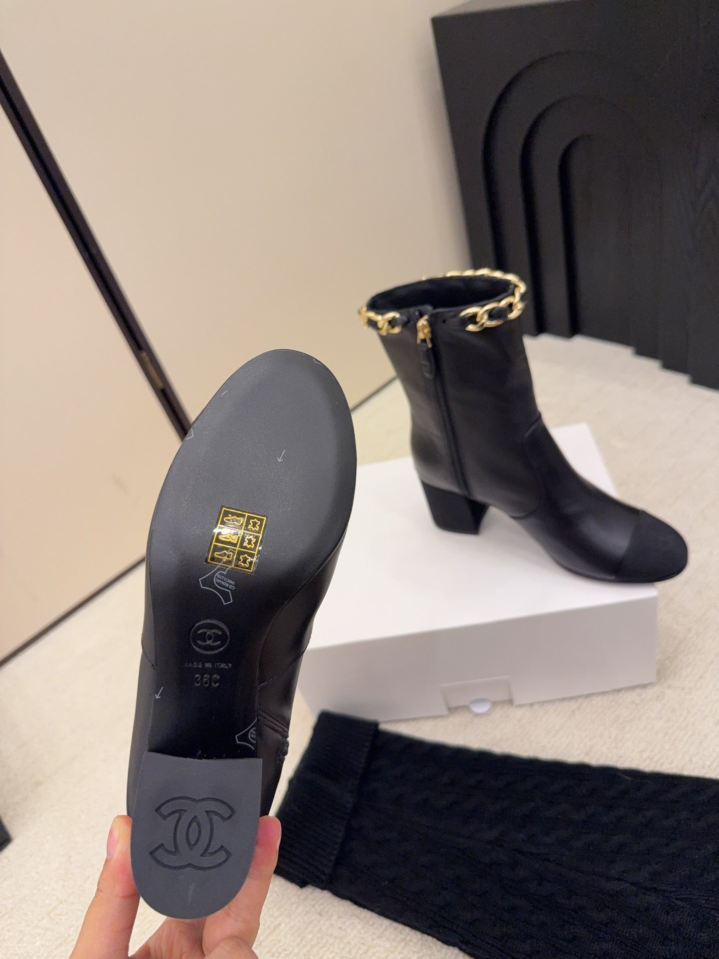 CC 26 Boot With Sock Detail Black Wool Leather 588842