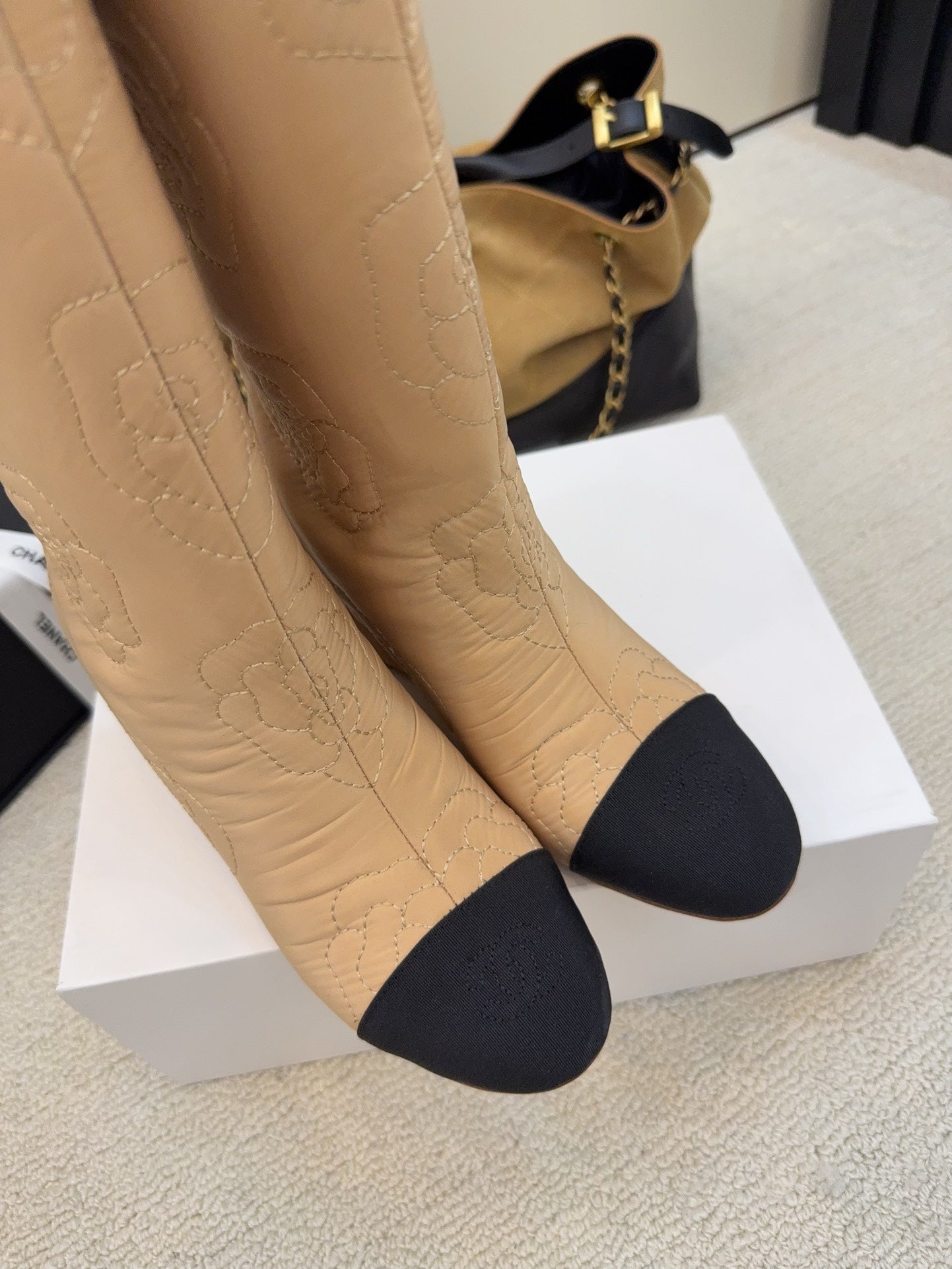 CC 26 Wedge Boot With Quilted Camellia Pattern Beige Black Fabric 589114