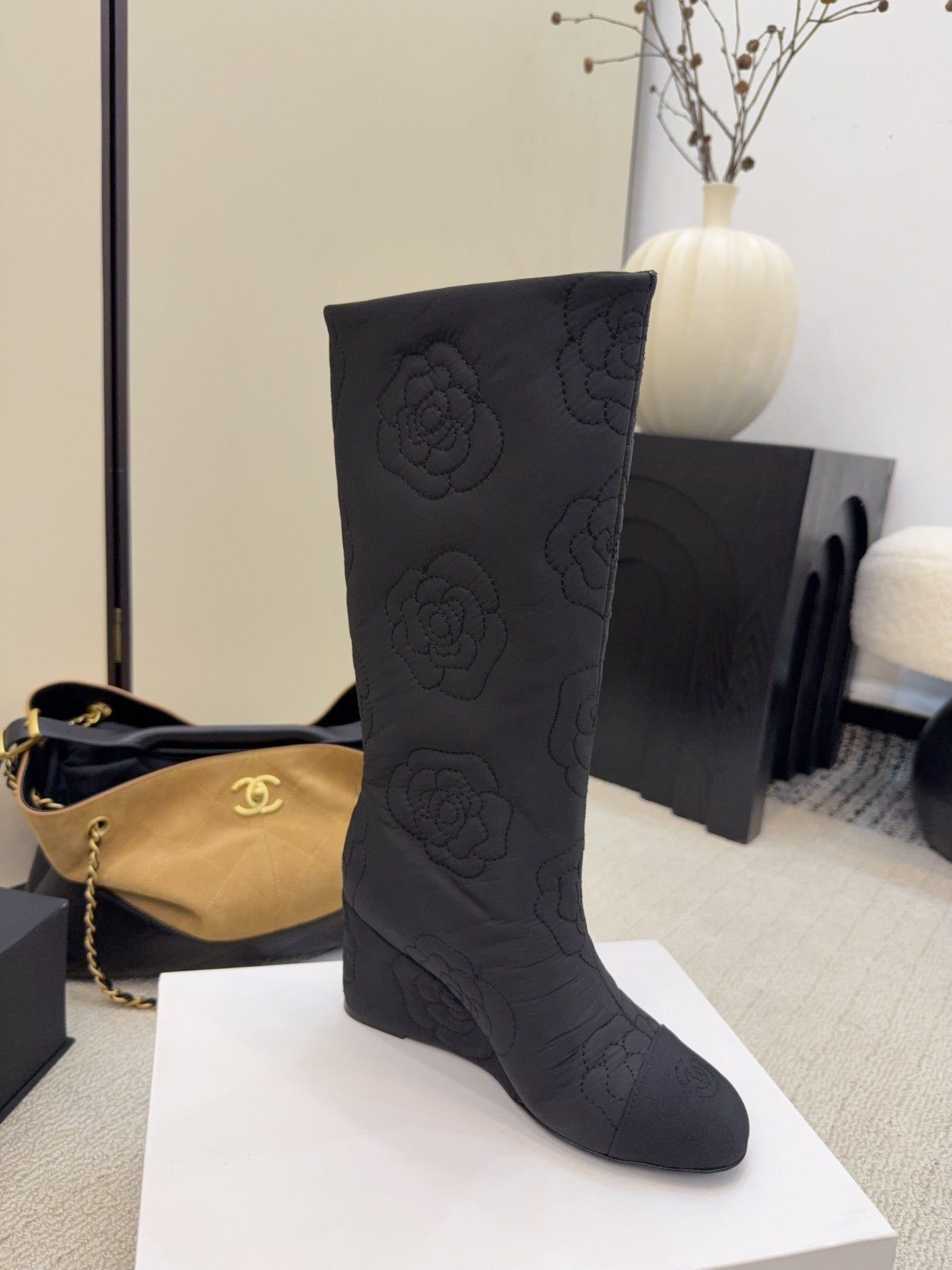 CC 26 Wedge Boot With Quilted Camellia Pattern Black Fabric 588892