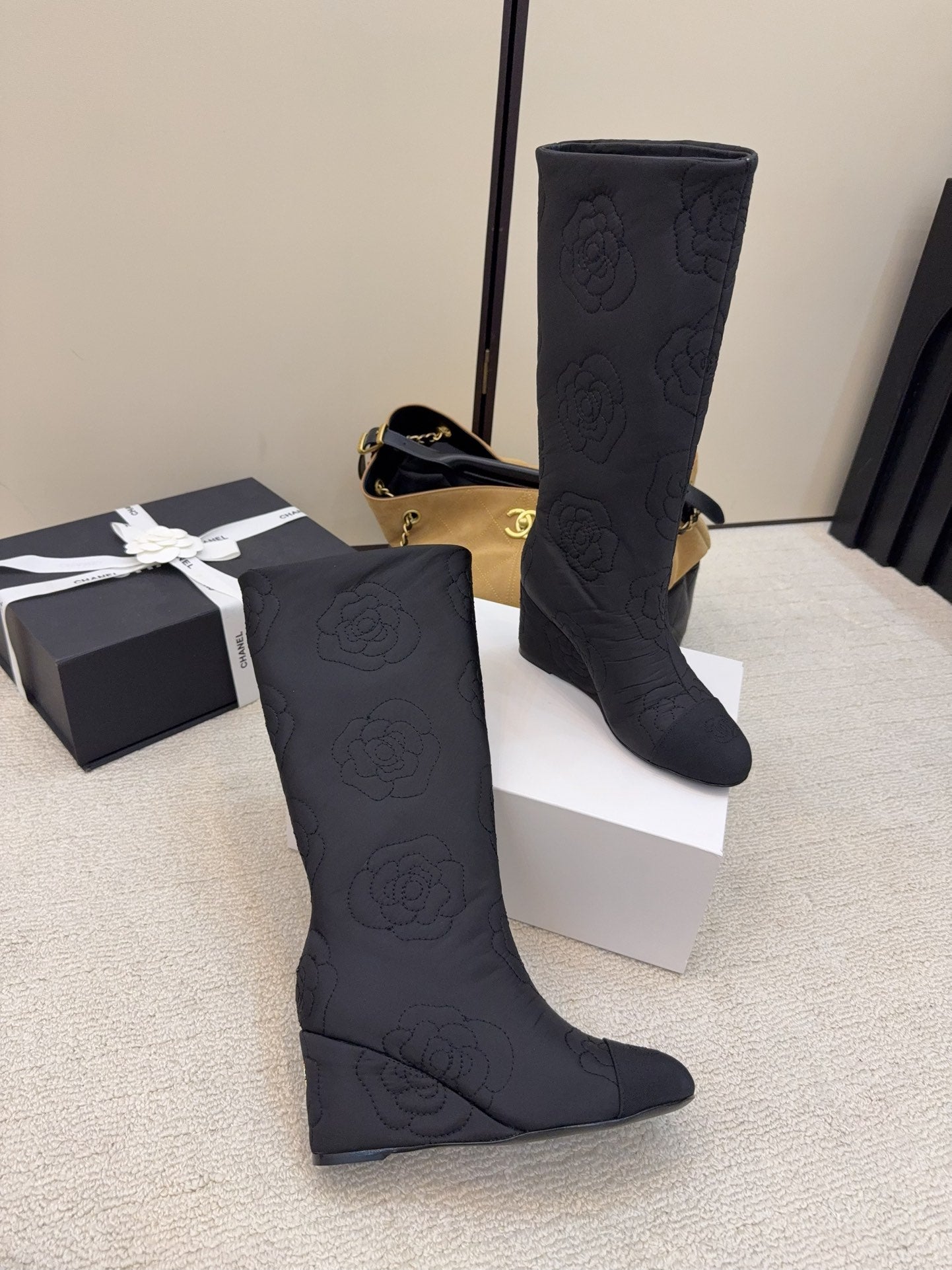 CC 26 Wedge Boot With Quilted Camellia Pattern Black Fabric 588892