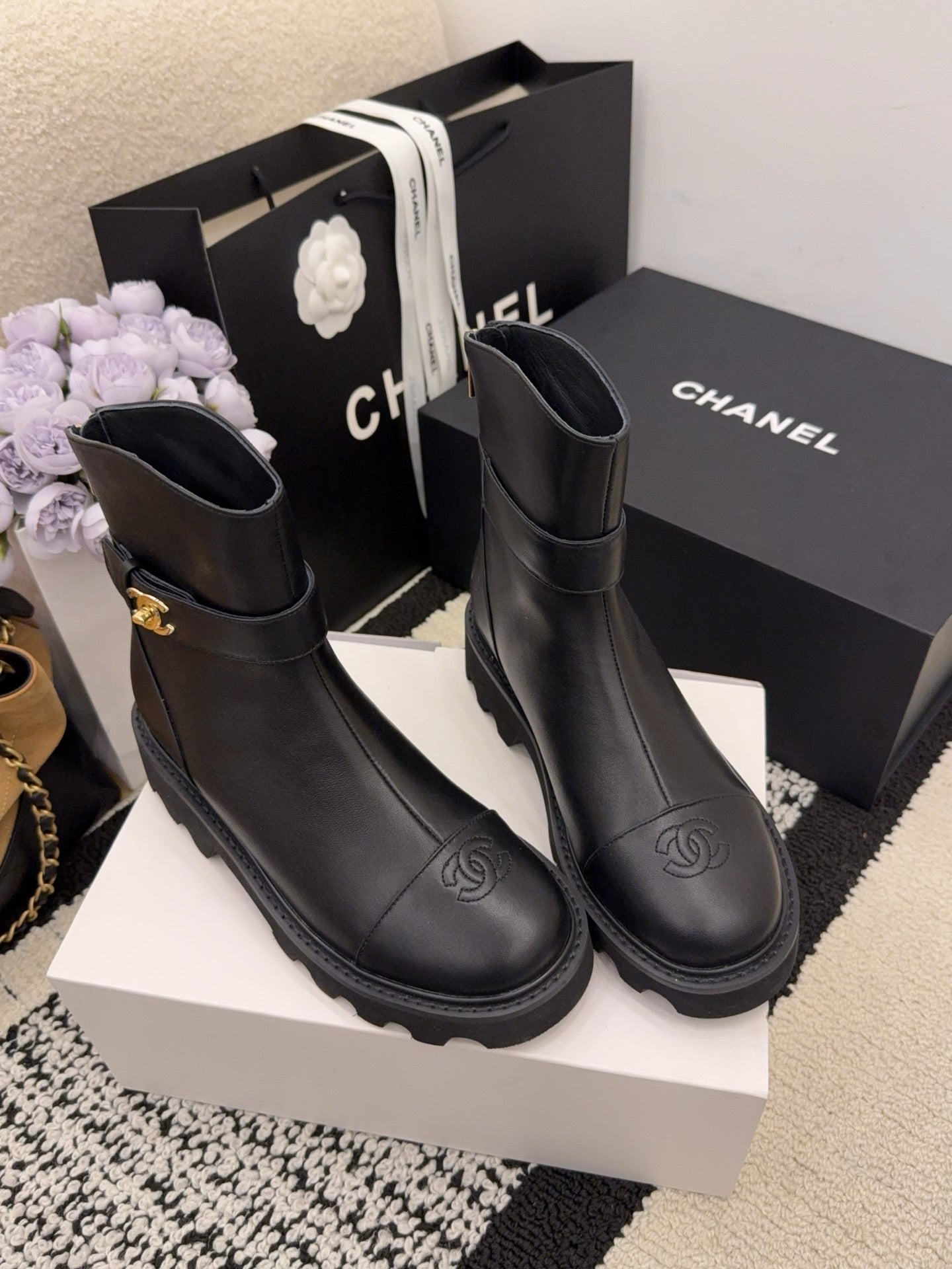 CC 26 Boot With Lug Sole Black Calfskin 588678