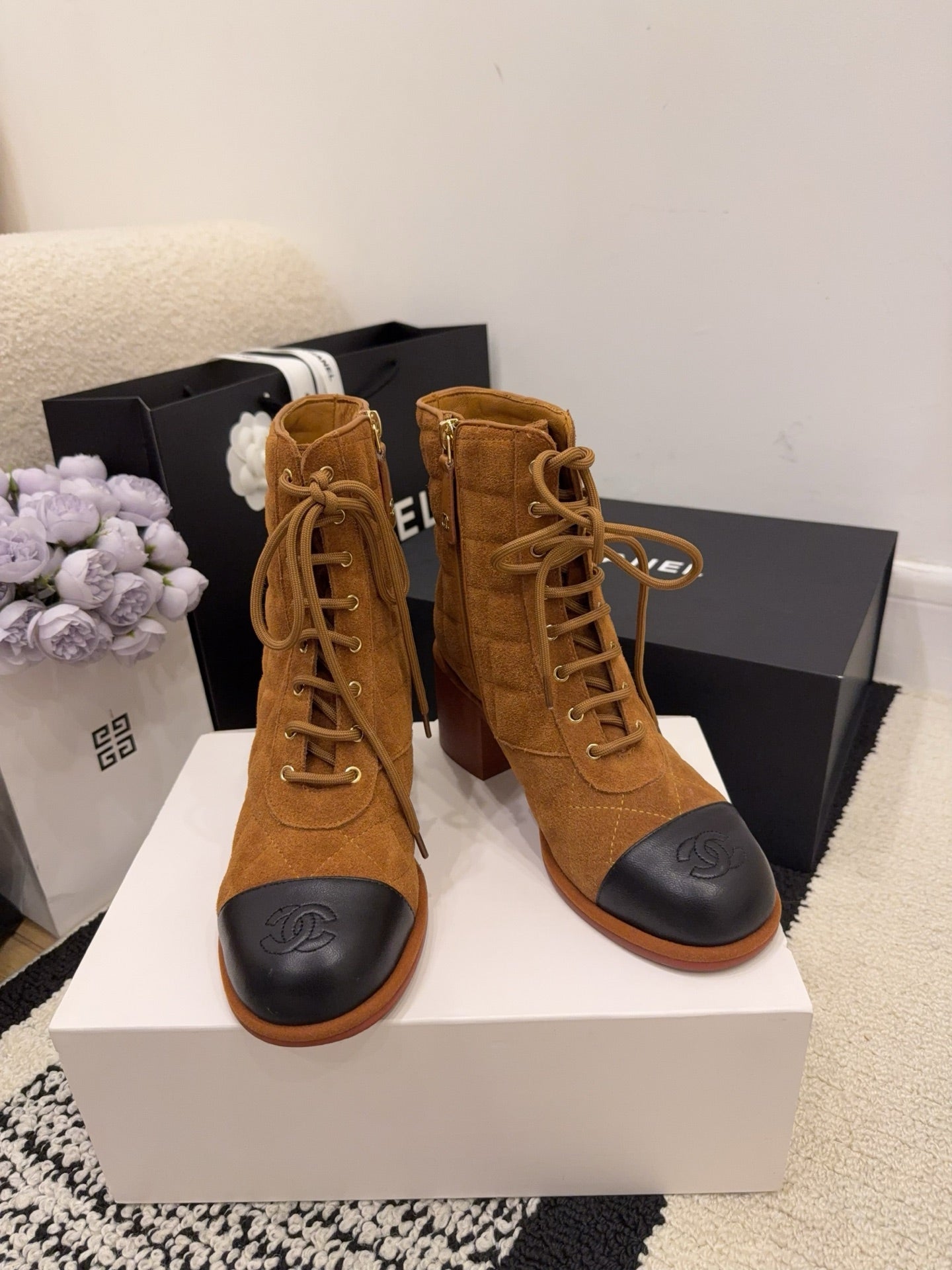 CC 26 Quilted Lace-up Boot Brown Black Suede Calfskin 588817