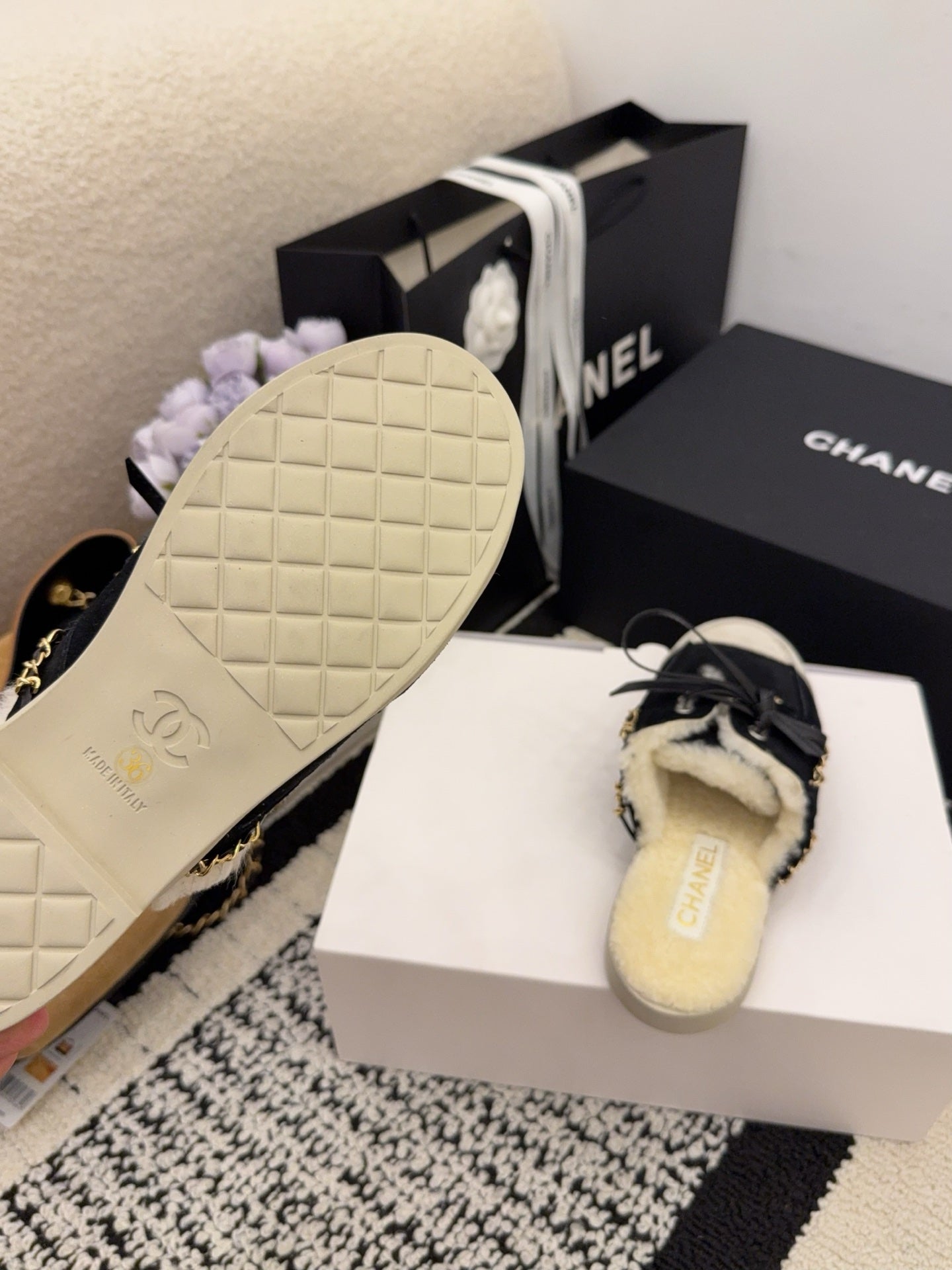 CC 26 Shearling Slip-on Loafer Black White Suede Wool 588718